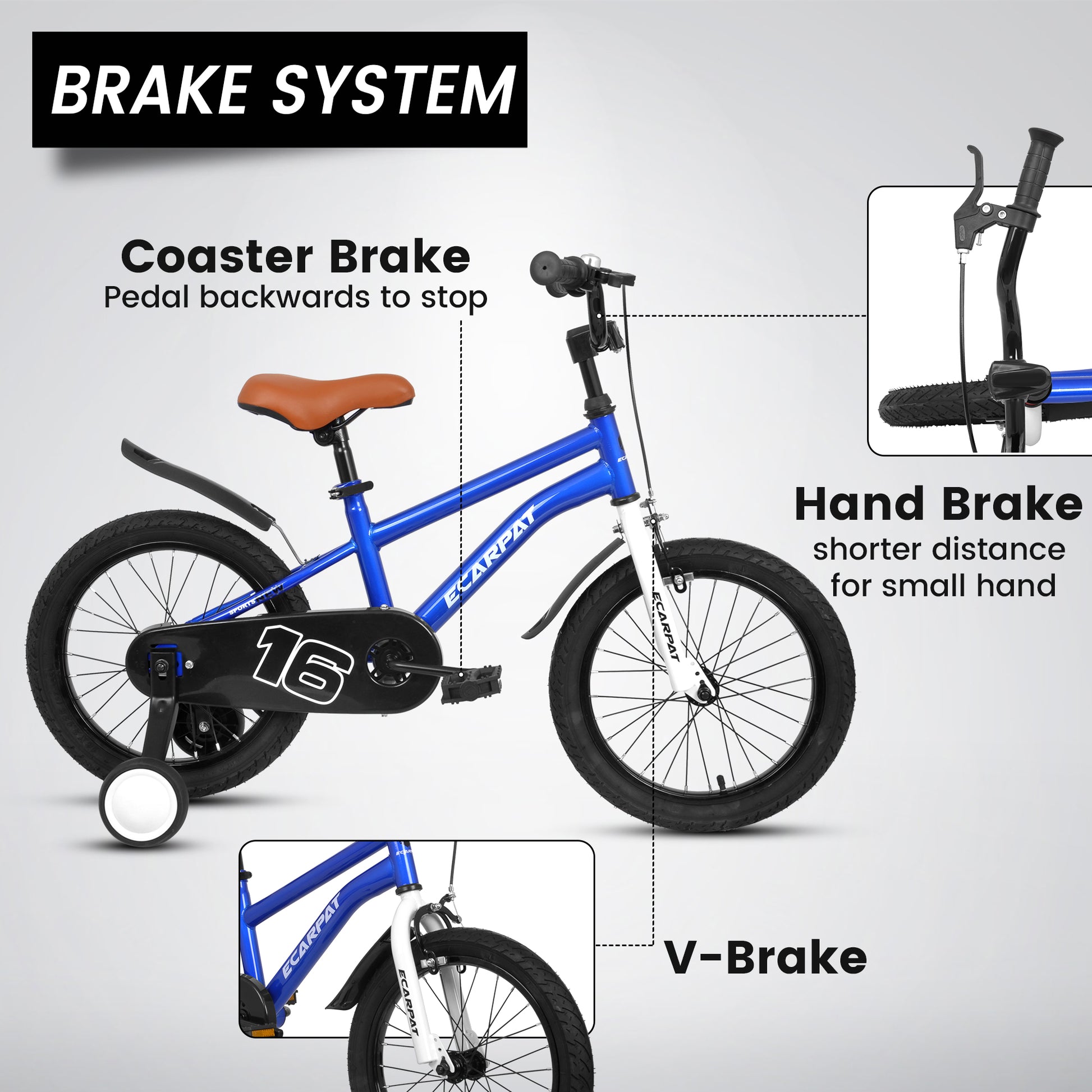 A16114 Kids Bike 16 Inch For Boys & Girls With Training Wheels, Freestyle Kids' Bicycle With Fender. Blue Steel