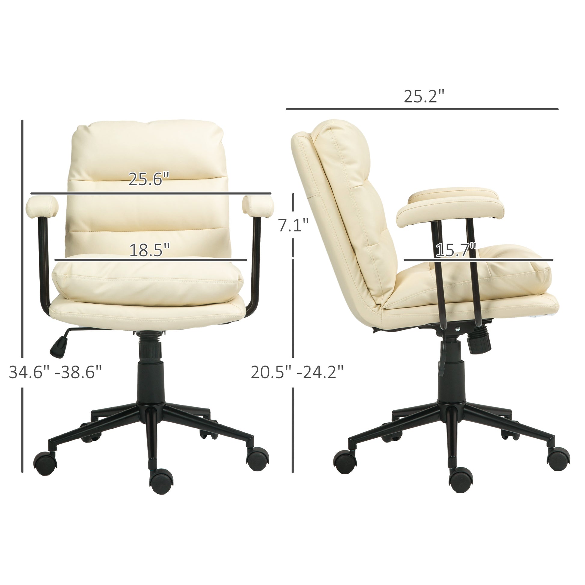 Homcom Pu Leather Office Chair, Office Desk Chair, Task Computer Chair With Swivel Wheels, Adjustable Height, Double Tier Padded, Beige Beige Faux Leather