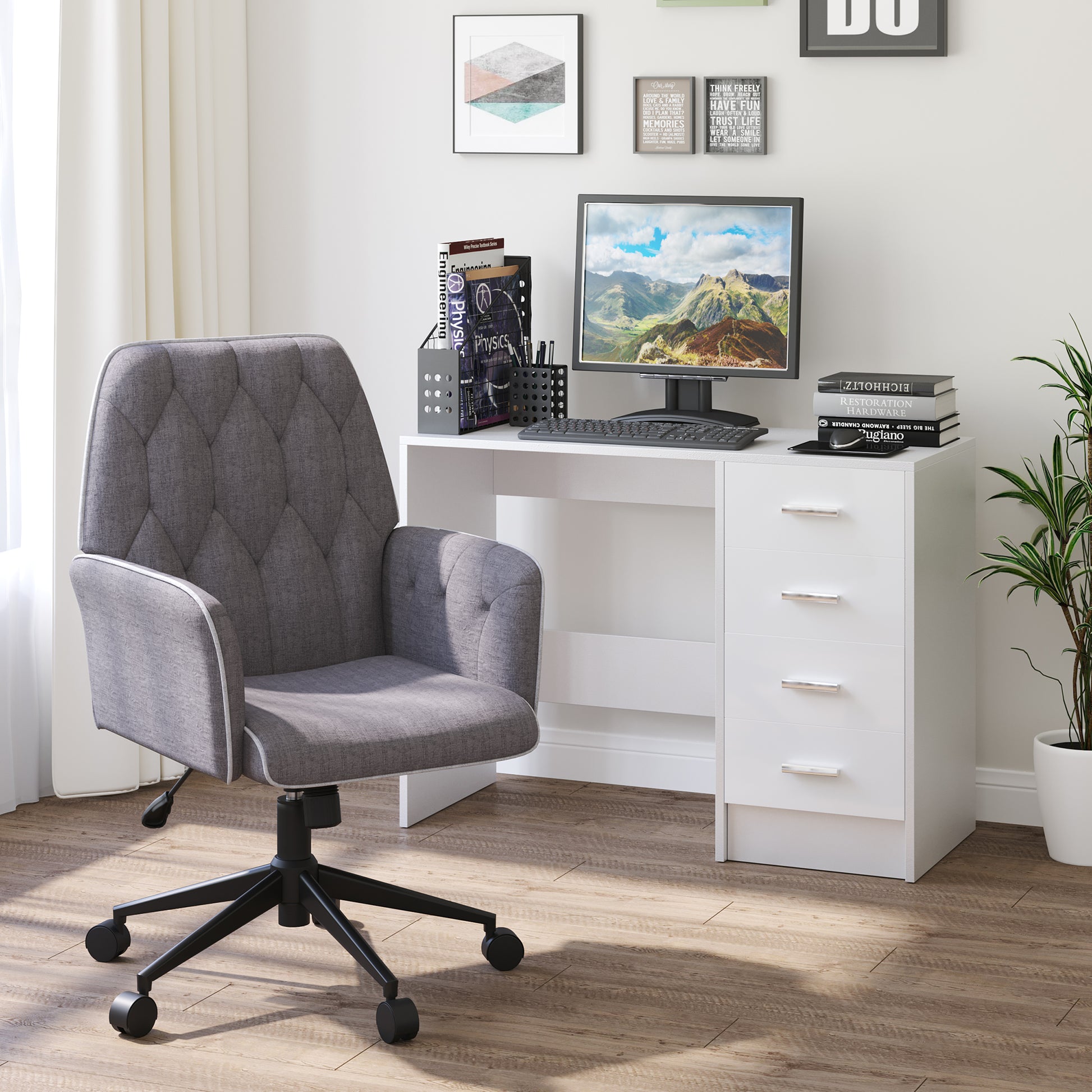 Homcom Linen Home Office Chair, Tufted Height Adjustable Computer Desk Chair With Swivel Wheels And Padded Armrests, Dark Gray Dark Gray Polyester