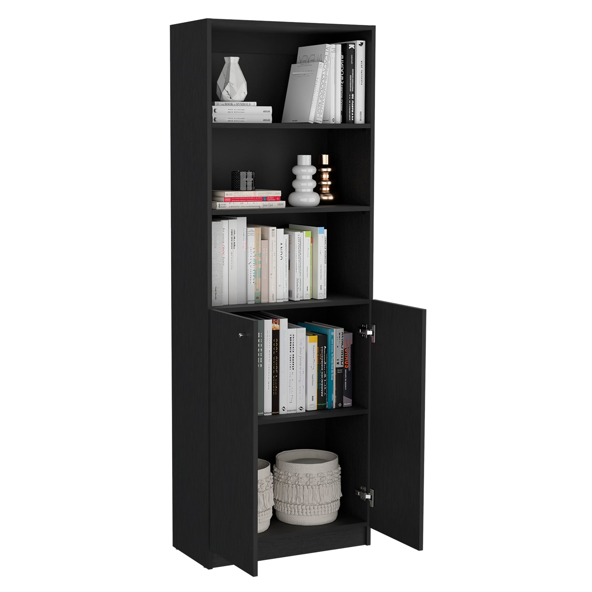 Hialeah 3 Piece Home Bookcase Set, 74" Wide With 10 Shelves And Two Double Door Cabinetliving Room Set Set Black Black Particle Board