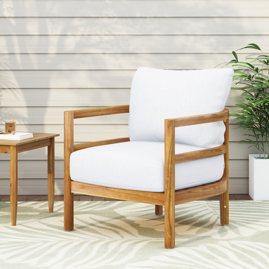 Outdoor Acacia Wood Patio Club Chair, Wood Patio Furniture,Waterproof Thick Cushion Deep Seating For Porch, Garden, Backyard, Balcony, Weight Capacity 400Lbs, Light Teak Finish, White Yes Deep Seating White Garden & Outdoor Foam Acacia Wood