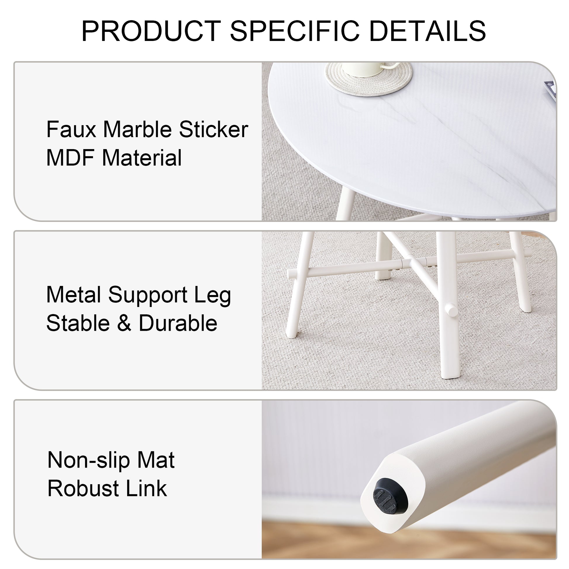 A Modern Minimalist Circular Dining Table With A 42 Inch Diameter White Patterned Tabletop And White Metal Legs. Suitable For Restaurants, Living Rooms, And Conference Rooms. White Mdf Metal