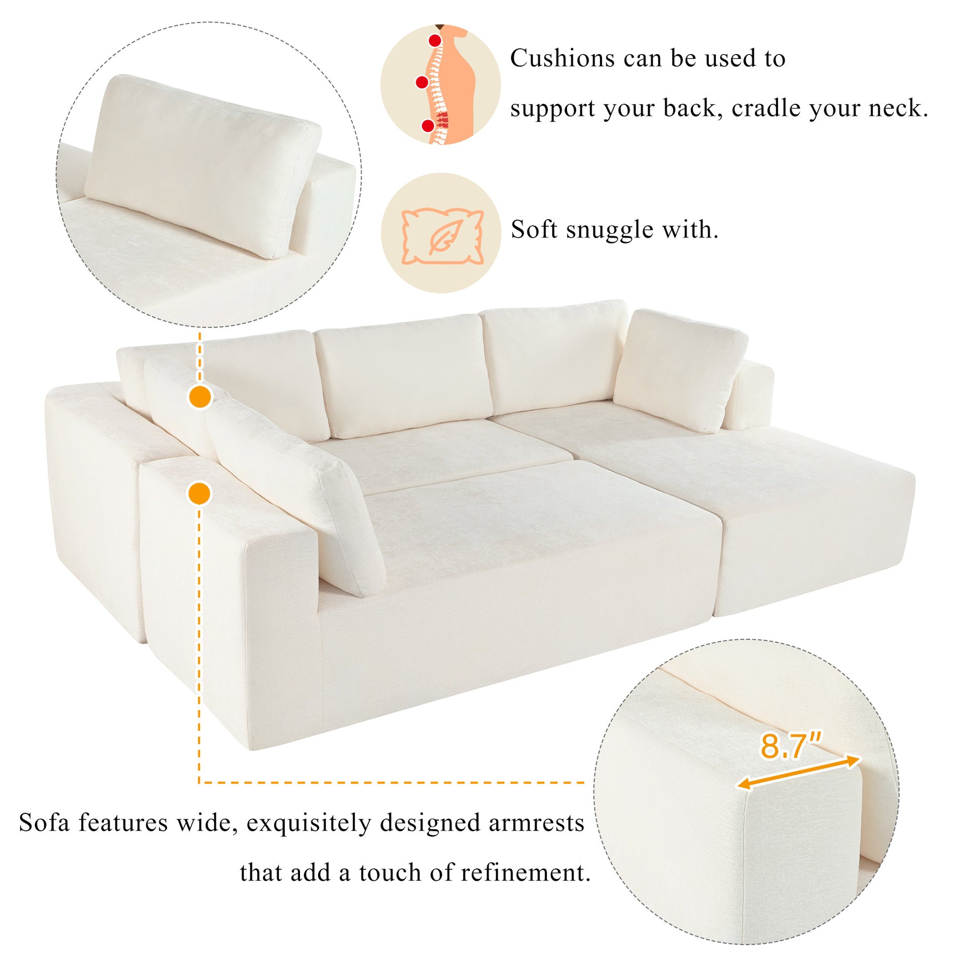 Modern Large Modular Sectional Sofa For Living Room, Bedroom, Salon, 3 Piece Free Combination Beige Polyester 3 Seat