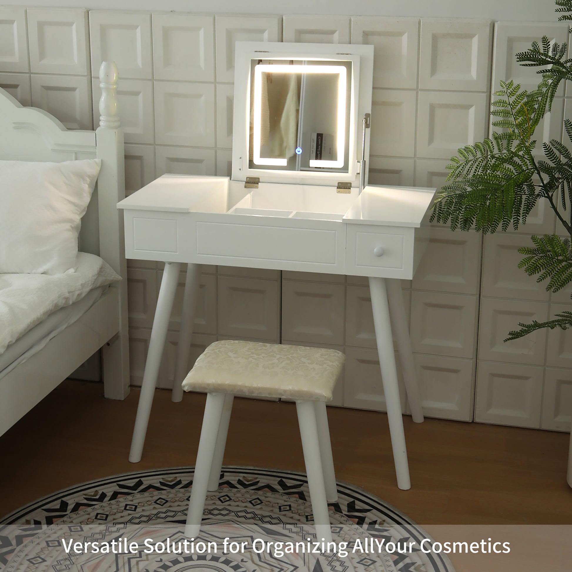 Vanity Desk Set With Led Lighted Mirror & Power Outlet, Flip Top Vanity Table With Drawers & Cabinet, For Bedroom, Bathroom Milk White Wood