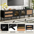 Rattan Tv Stand With 3 Cabinets & 2 Drawers, Rattan Inspired Media Console Table For Tvs Up To 80'', Led Light Entertainment Center, Tv Cabinet For Living Room, Bedroom, Home Theatre Black Primary