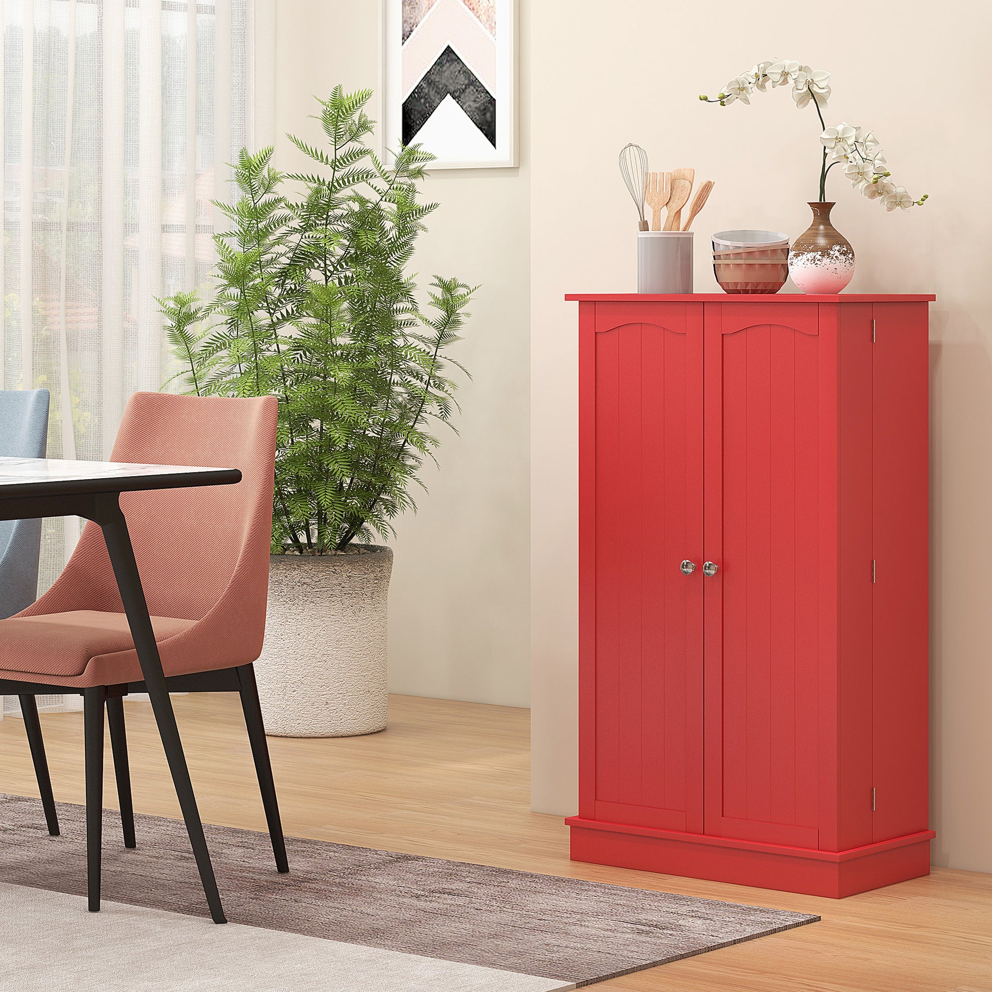 Homcom 41" Kitchen Pantry Storage Cabinet, Freestanding Kitchen Cabinet With 12 Door Shelves, Double Doors, 5 Tier Shelving And Adjustable Shelves, Red Red Mdf