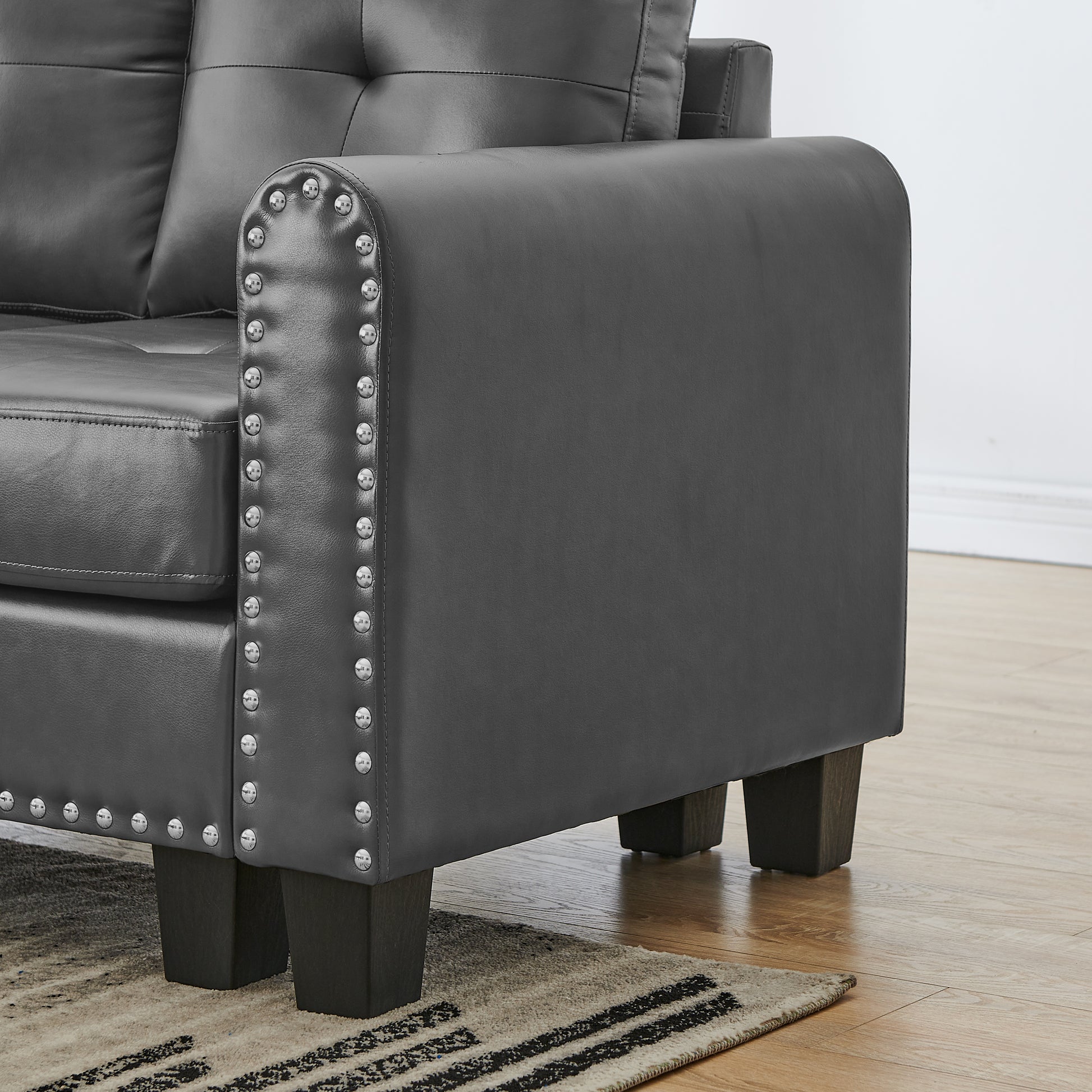 Sectional 3 Seaters Sofareversible Recliner, Storage Pad And Wood Grain Cup Holder, Non Slip Leg, Pu, Grey Gray Pu 3 Seat