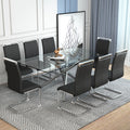 Table And Chair Set.Modern Luxurious Transparent Tempered Glass Dining Table Set.Paried With 8 Black Chairs With Pu Cushion And Silver C Tube Metal Legs. Black,Transparent Seats 8 Glass Metal