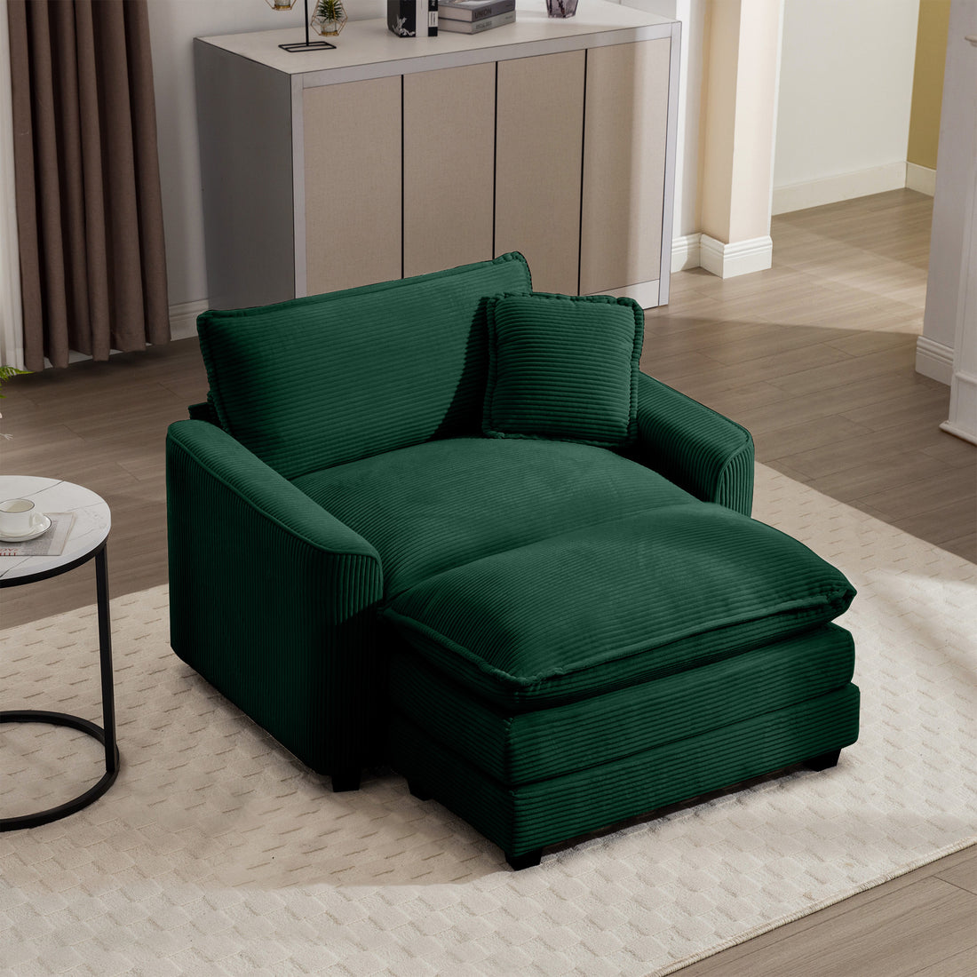 Comfortable Single Chair Deep Seat Sofa With Footstool With One Pillow, Suitable For Living Room And Bedroom, Club Multiple Occasions, Green Corduroy Fabric Green Corduroy 1 Seat