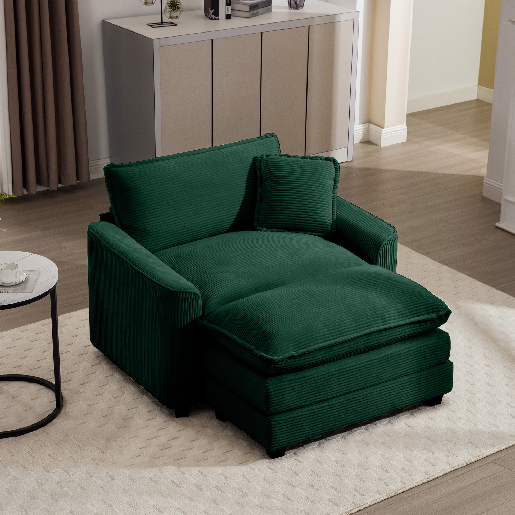 Comfortable Single Chair Deep Seat Sofa With Footstool With One Pillow, Suitable For Living Room And Bedroom, Club Multiple Occasions, Green Corduroy Fabric Green Corduroy 1 Seat