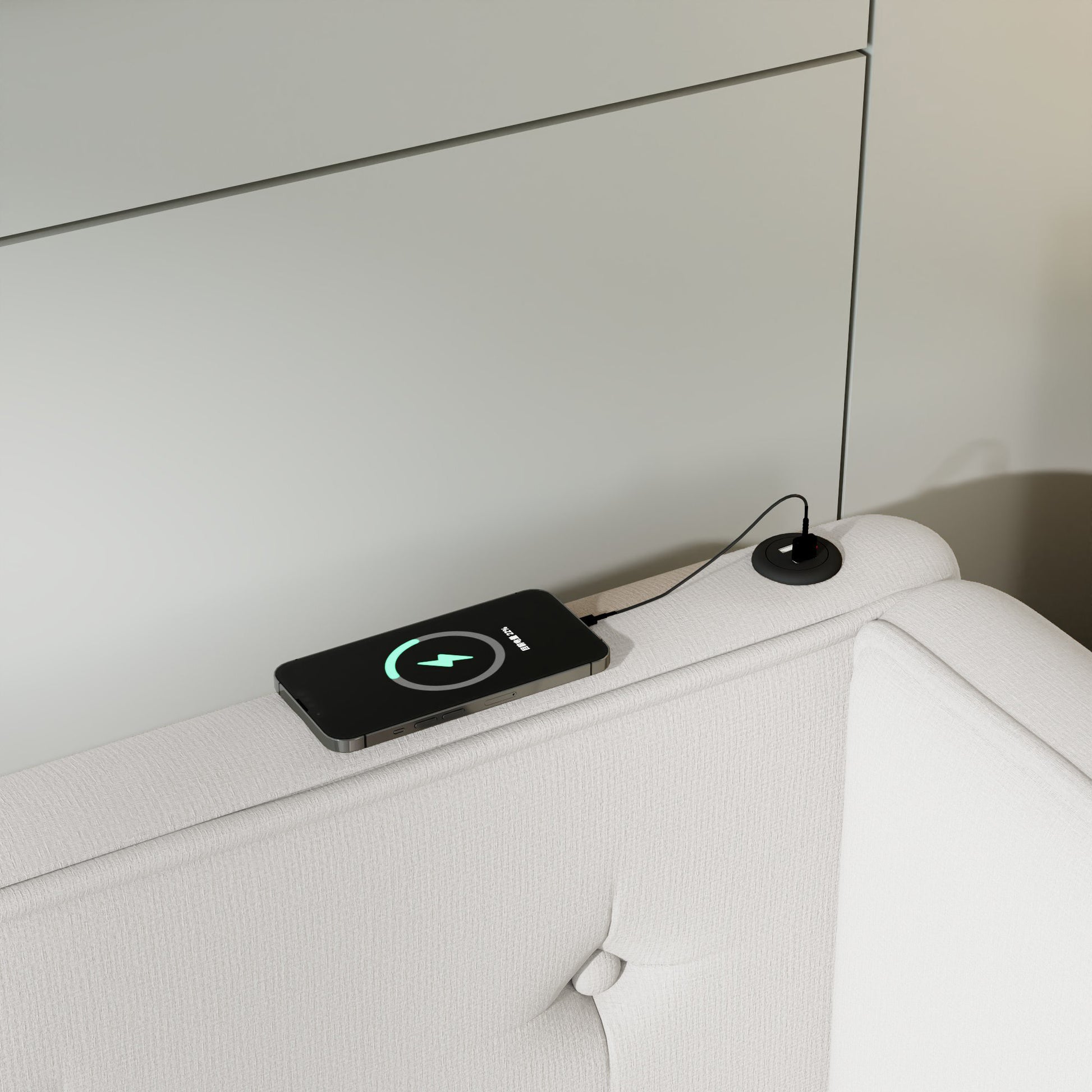 Upholstered Full Size Platform Bed With Usb Ports, Beige Full Beige Linen