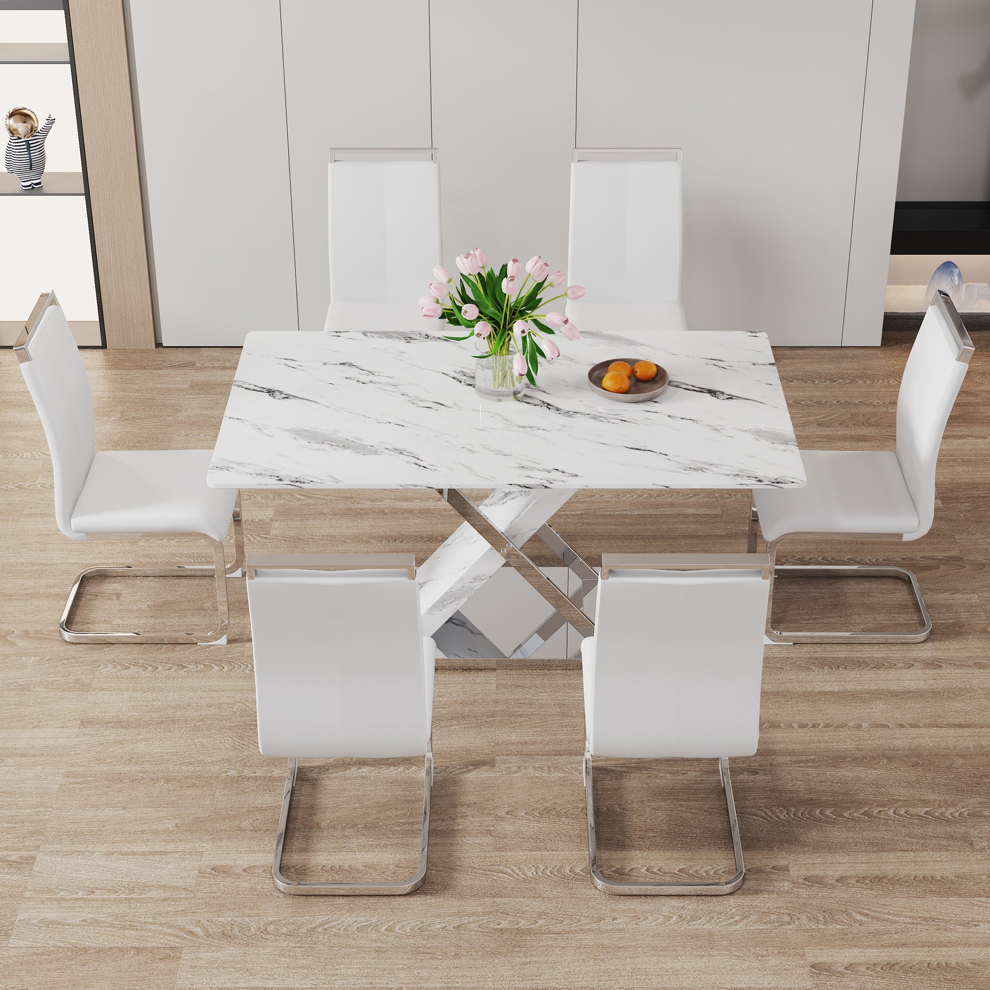 Table And Chair Set, Modern Dining Table, Imitation Marble White Top And Silver Legs, Soft And Comfortable Dining Chair, Perfect For Dinner, Meetings, Home And Office Decor White Silver Glass Metal