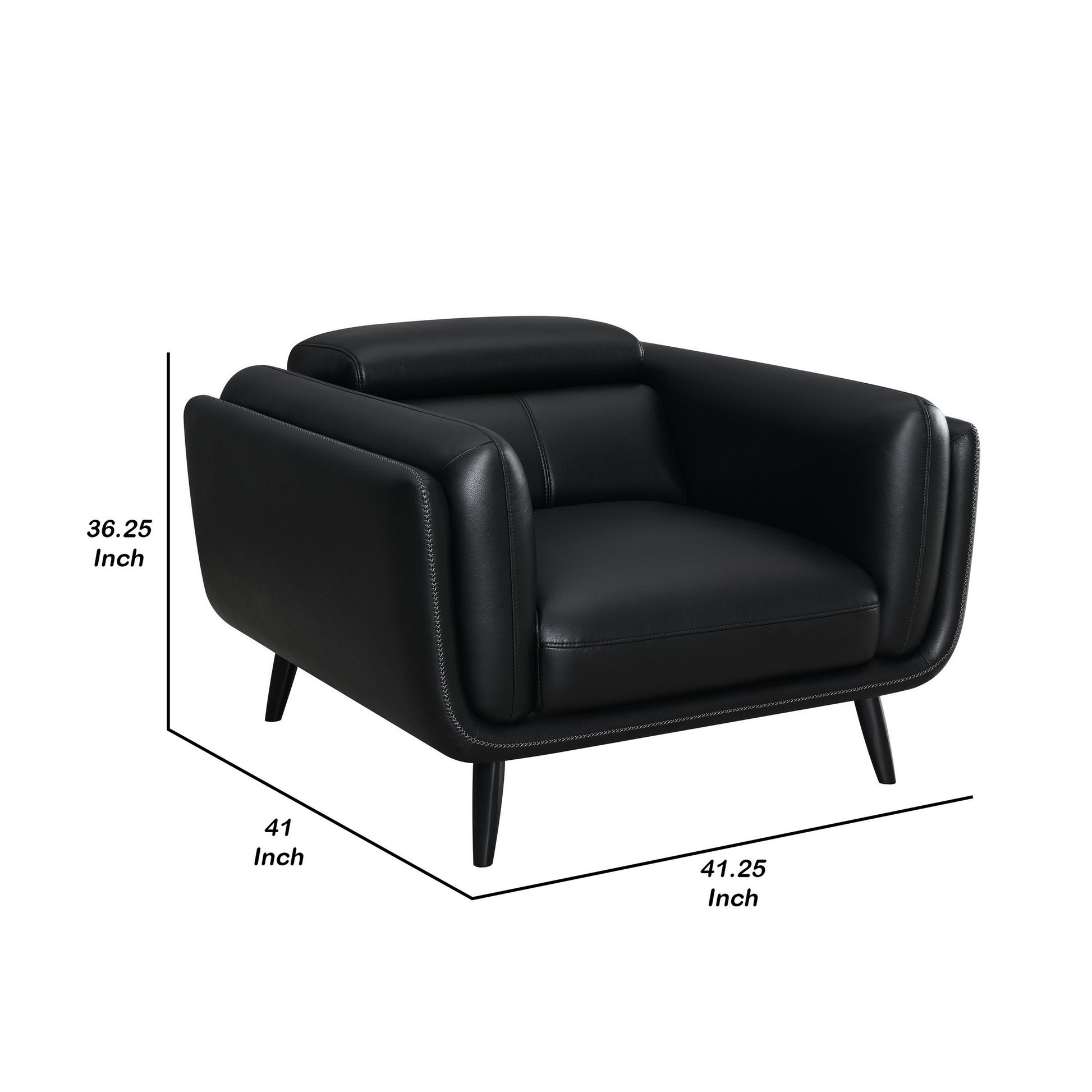 41 Inch Tuxedo Style Accent Chair, Double Track Arms, Black Faux Leather Black Wood