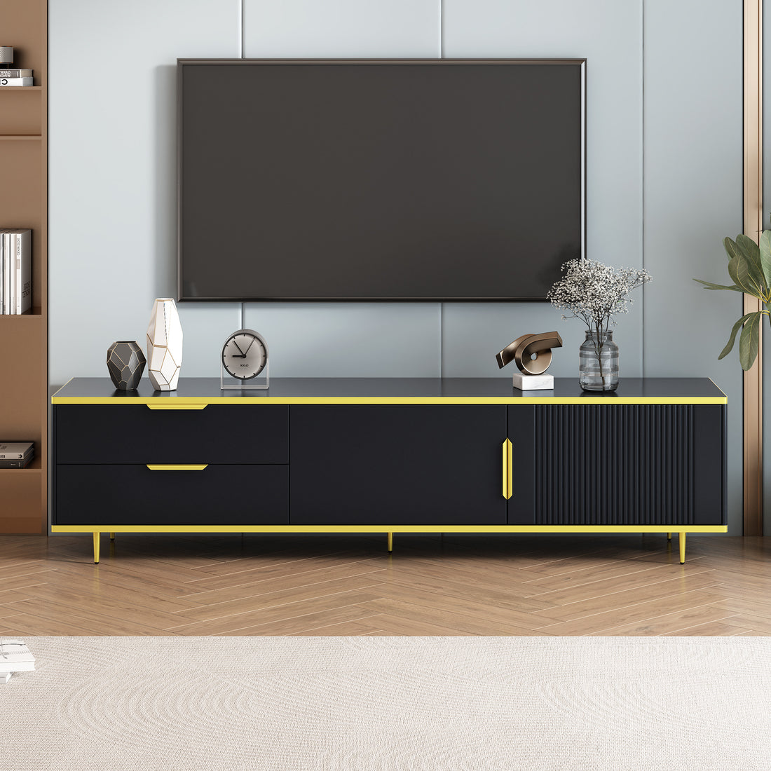 Modern Tv Stand For 65 Inch Tv, Entertainment Center Tv Media Console Table,With 2 Drawers And 2 Cabinets, Tv Console Cabinet Furniture For Living Room Black 70 79 Inches Particle Board