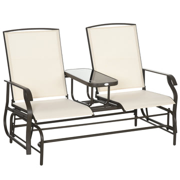 Outsunny Outdoor Glider Bench With Center Table, Metal Frame Patio Loveseat Withmesh Fabric And Armrests For Backyard Garden Porch, Beige Beige Steel
