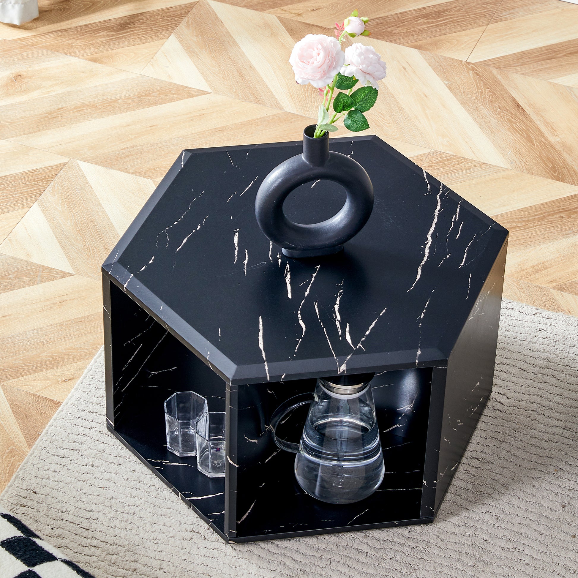 Hexagonal Mdf Coffee Table, Characteristic Pattern Stickers, Multi Hole Design To Give More Storage Space, Simple And Convenient Design Makes It Suitable For All Kinds Of Style Scenes. Black Mdf