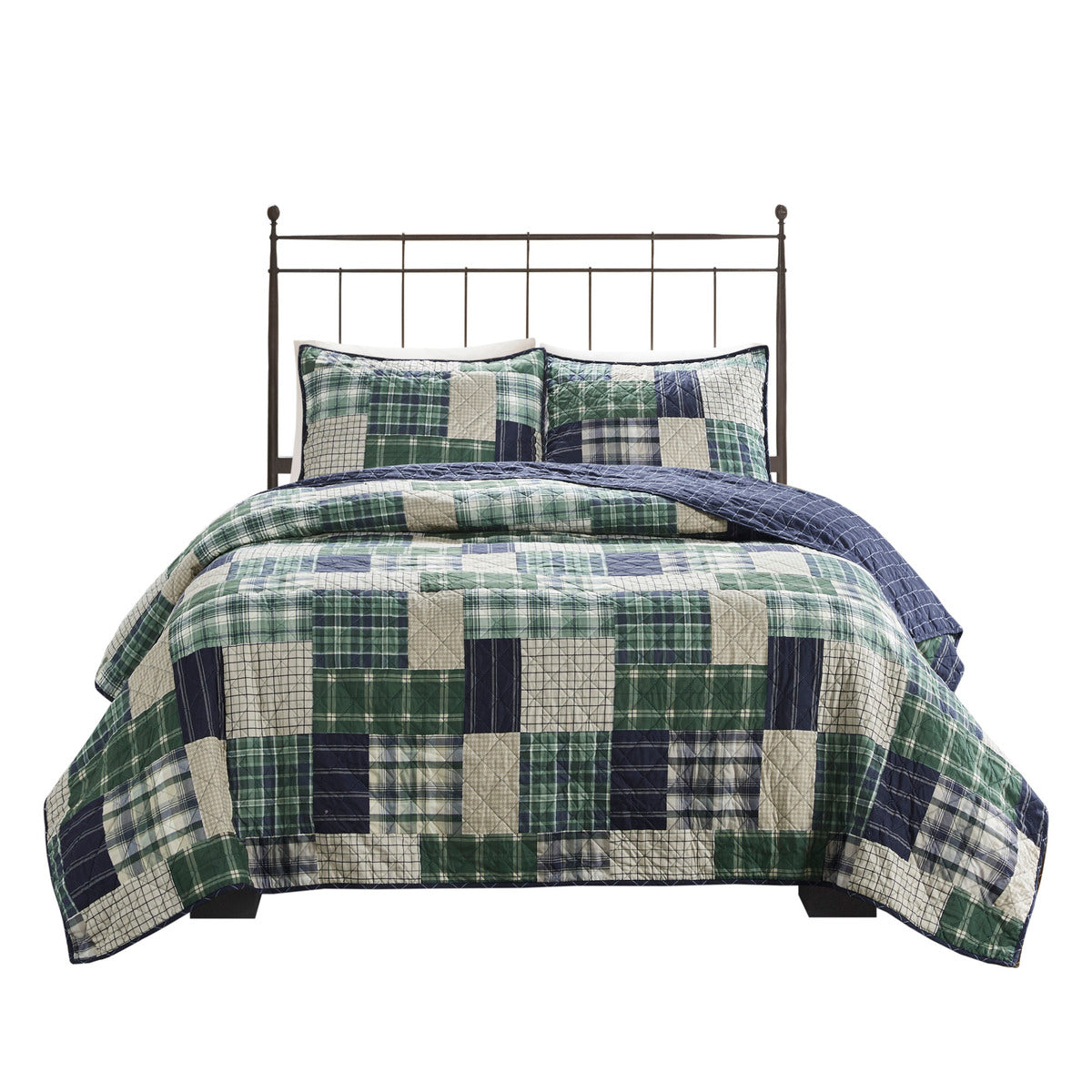 3 Piece Reversible Printed Quilt Set Green Navy Full Queen Green Navy Microfiber