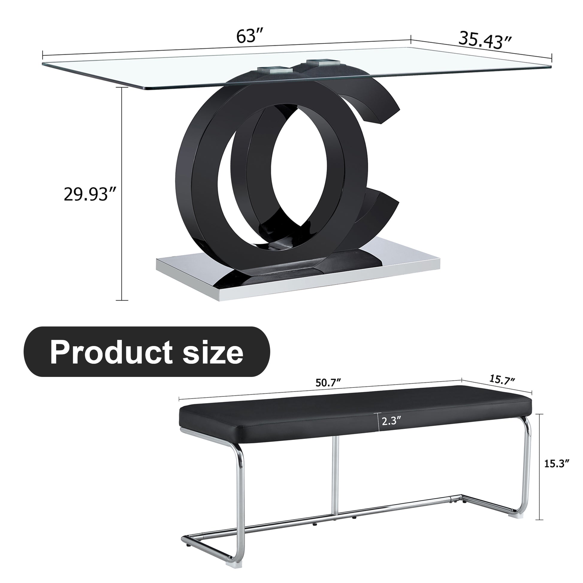 Table And Chair Set, Large Modern Minimalist Rectangular Glass Dining Table Suitable For 6 8 People, Equipped With 0.39 "Tempered Glass Tabletop, Mdf Oc Shaped Bracket, And Metal Base. Black Glass