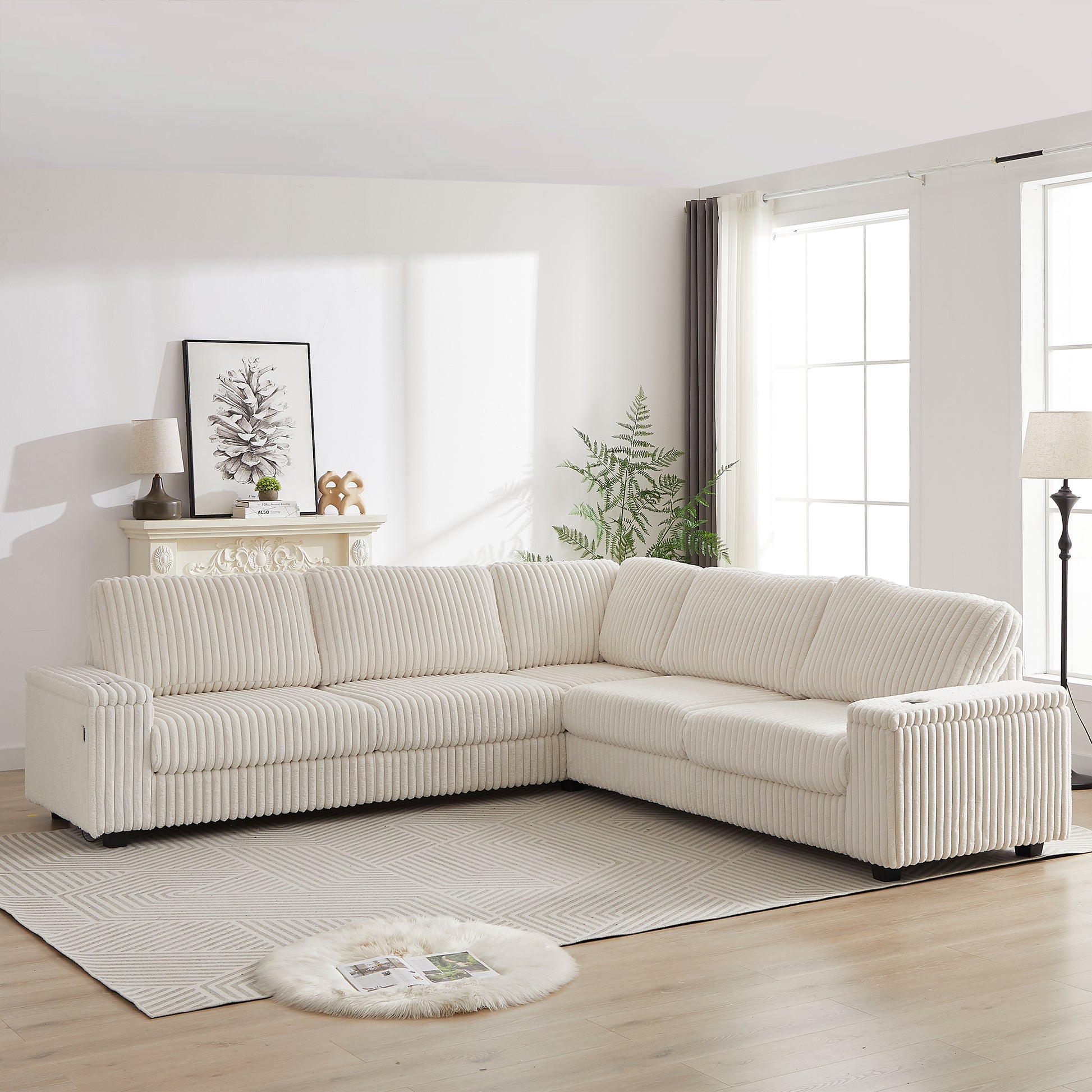 110 Inch Oversized Corduroy Corner Sofa,L Shaped Corner Couch With Two Storage Spaces,Usb Port & T Pyce Port And Cup Holderdeep Seat Comfy Upholstered Couches For Living Room Not Freely Combinable Beige Corduroy 5 Seat