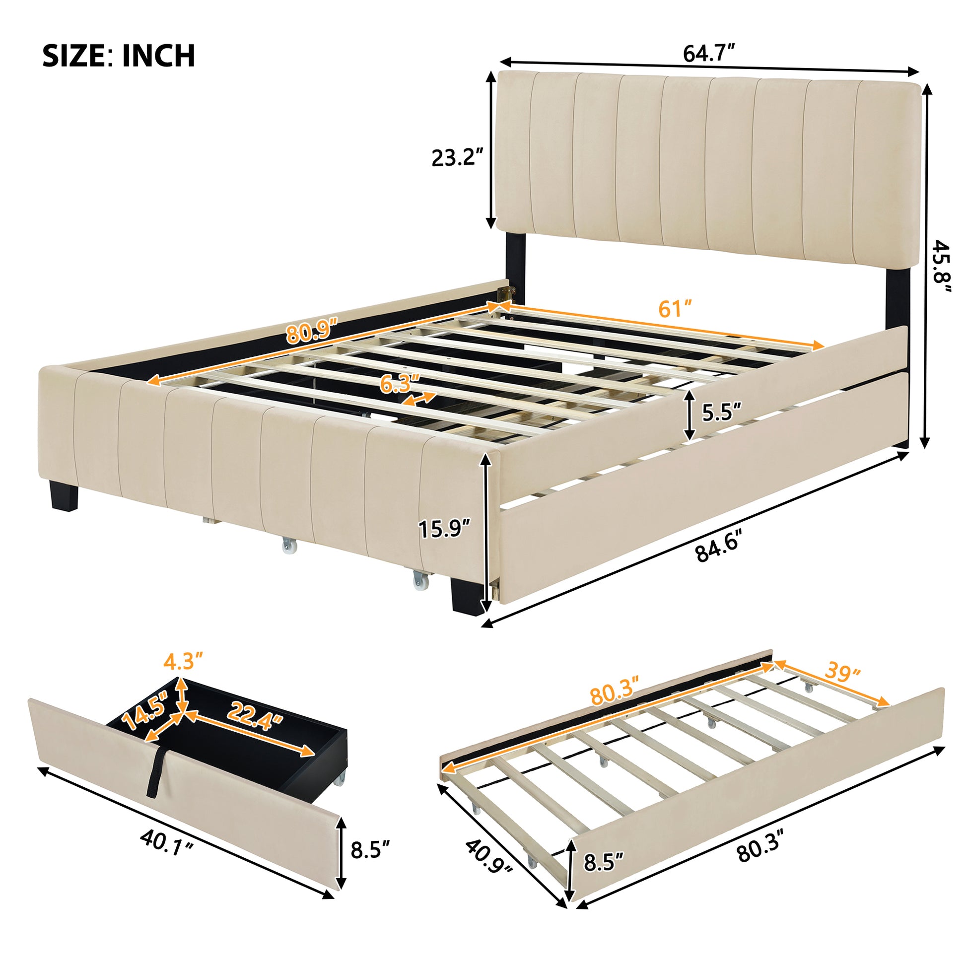Queen Size Velvet Upholstered Platform Bed With 2 Drawers And 1 Twin Xl Trundle Beige Queen Beige Upholstered