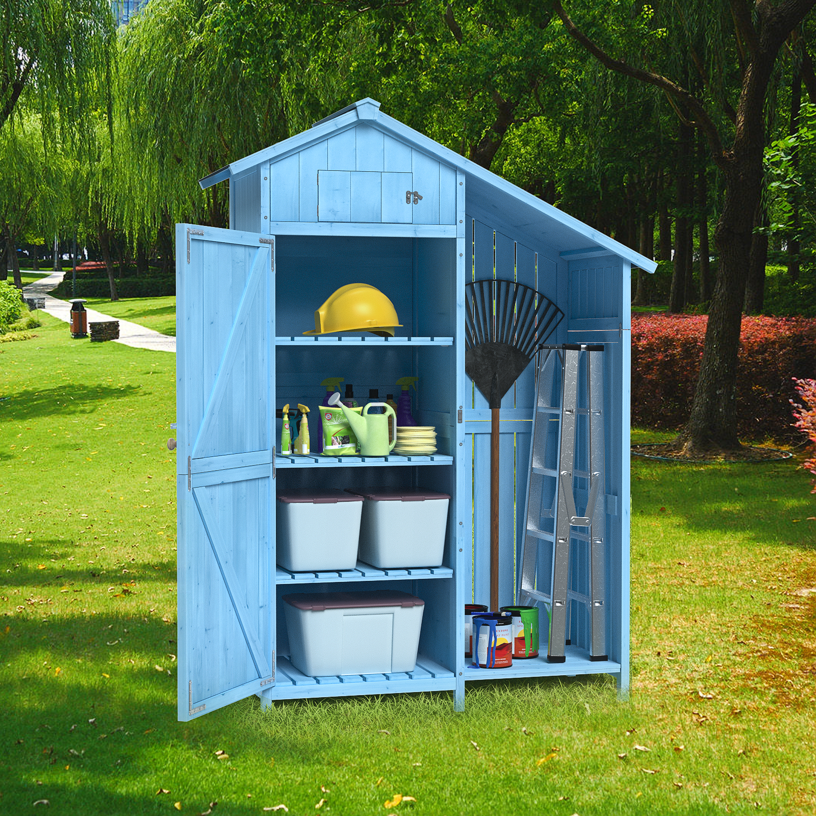 Outdoor 46.45 "X21.25"X70"H Wood Storage Shed, Garden Tool Cabinet With Waterproof Asphalt Roof, Multiple Tier Shelves, Tiffany Blue Tiffany Blue Metal & Wood