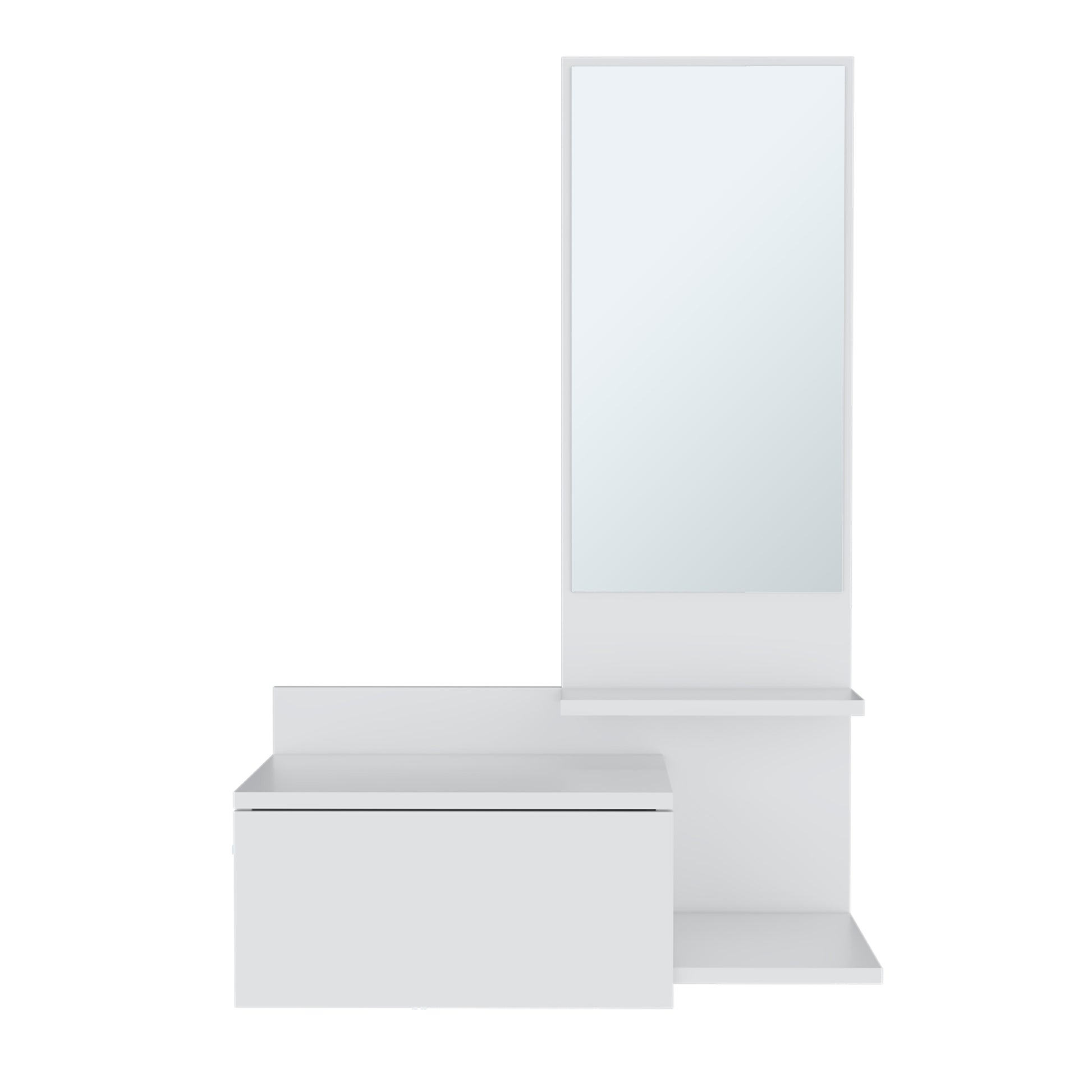 Vienna 23.6" Wide 3 Tier Shelf Floating Mirror Console Table, Full Extension Drawer White White Particle Board