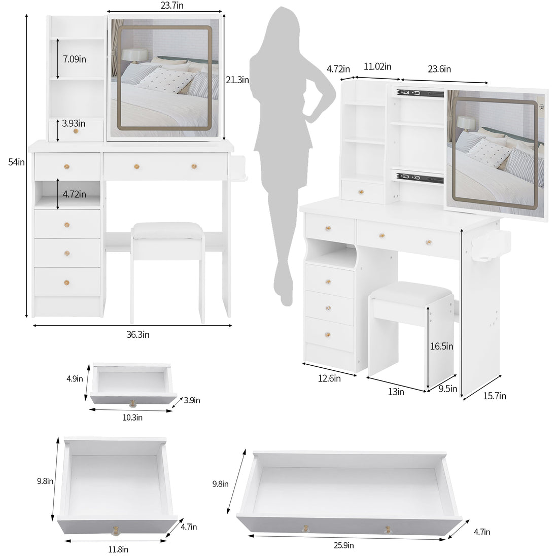 37" Middle Size Left Drawer Desktop Vanity Table Cushioned Stool Dresser Set, 2 Ac 2 Usb Socket, Hair Dryer Stand, Large Touch Control Led Sliding Mirror, 3 Color Sswitch, Epa, Gcc, Ul Certificate