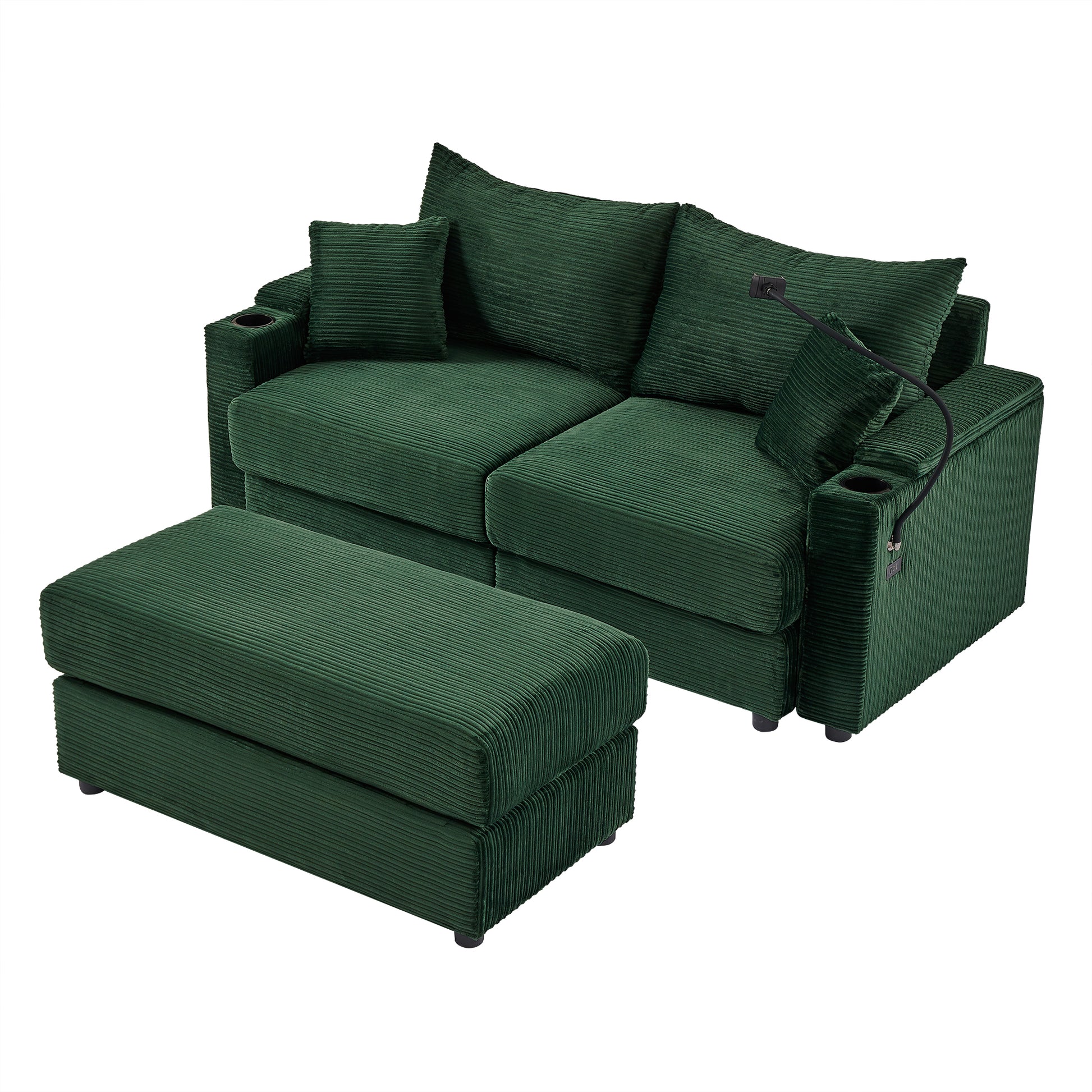 72.8" Modern Style Loveseat Sofa Sectional Sofa Couch With Storage Space, A Movable Ottoman, Two Usb Ports, Two Cup Holders, A Phone Holder For Living Room, Green Green Foam Corduroy 3 Seat