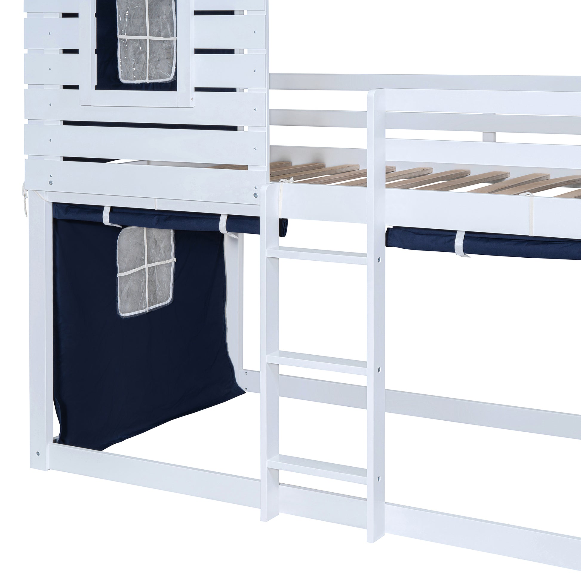 Twin Size Bunk Wood House Bed With Tent, Blue White Twin Blue Solid Wood Mdf