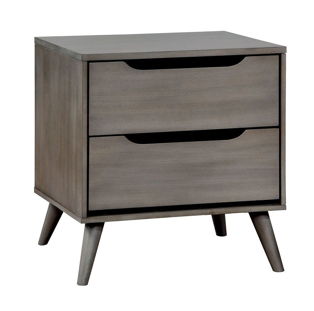 Mid Century Modern Gray Color 1Pc Nightstand Bedroom Furniture Solid Wood Round Tapered Legs 2 Drawers Bedside Table Gray Gray 2 Drawers Bedroom Bedside Cabinet Contemporary,Mid Century