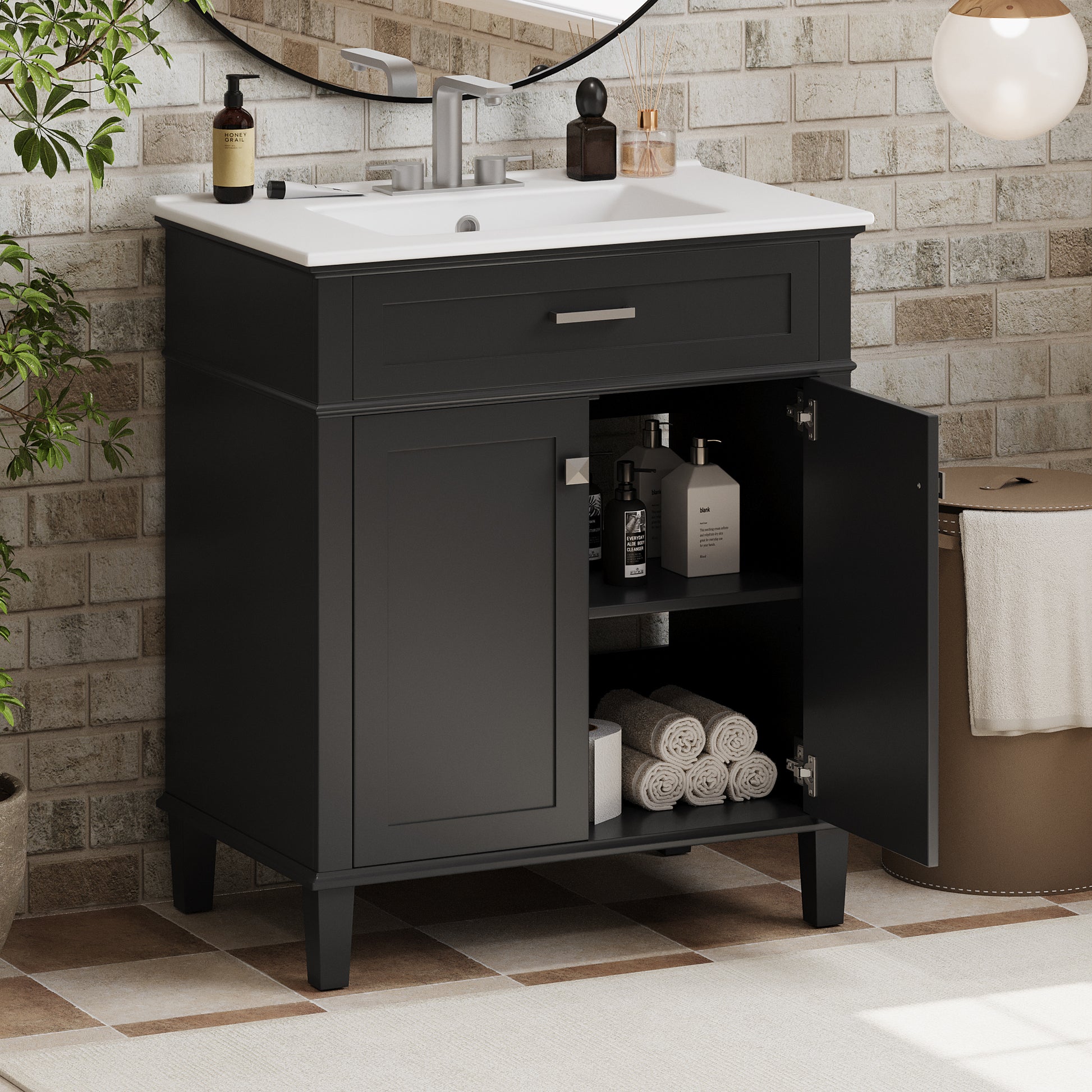 30 Inch Bathroom Vanity With Ceramic Basin, Soft Close Door And Adjustable Shelves Black Bathroom Solid Wood Mdf