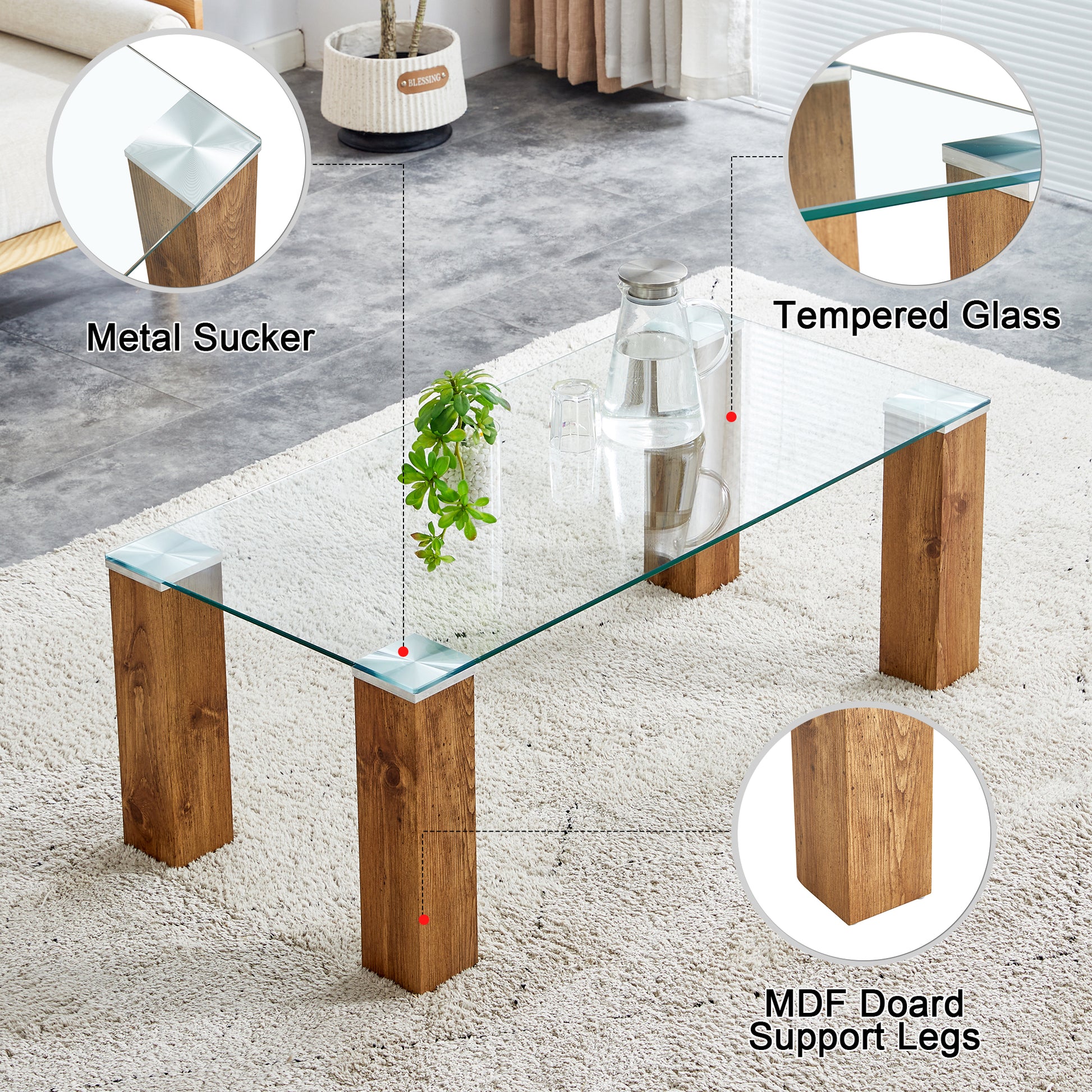 Glass Top Coffee Table,Tea Table, With Mdf Legs Stylish Blend Of Elegance And Durability 44.9"*21.7"*16.9" Transparent Wood Glass