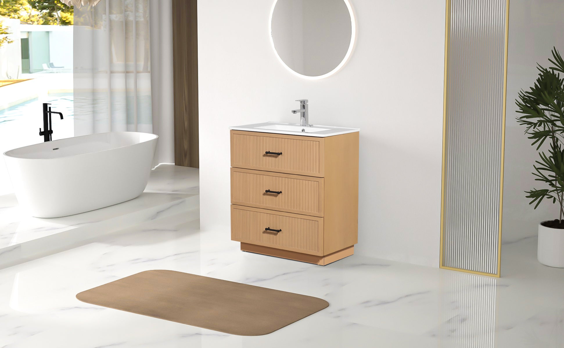 30 Inch Bathroom Vanity With Ceramic Sink Combo Set, Modern Freestanding Bathroom Storage Cabinet With 2 Drawers, Floor Standing Bath Vanity, Light Brown Light Brown Mdf