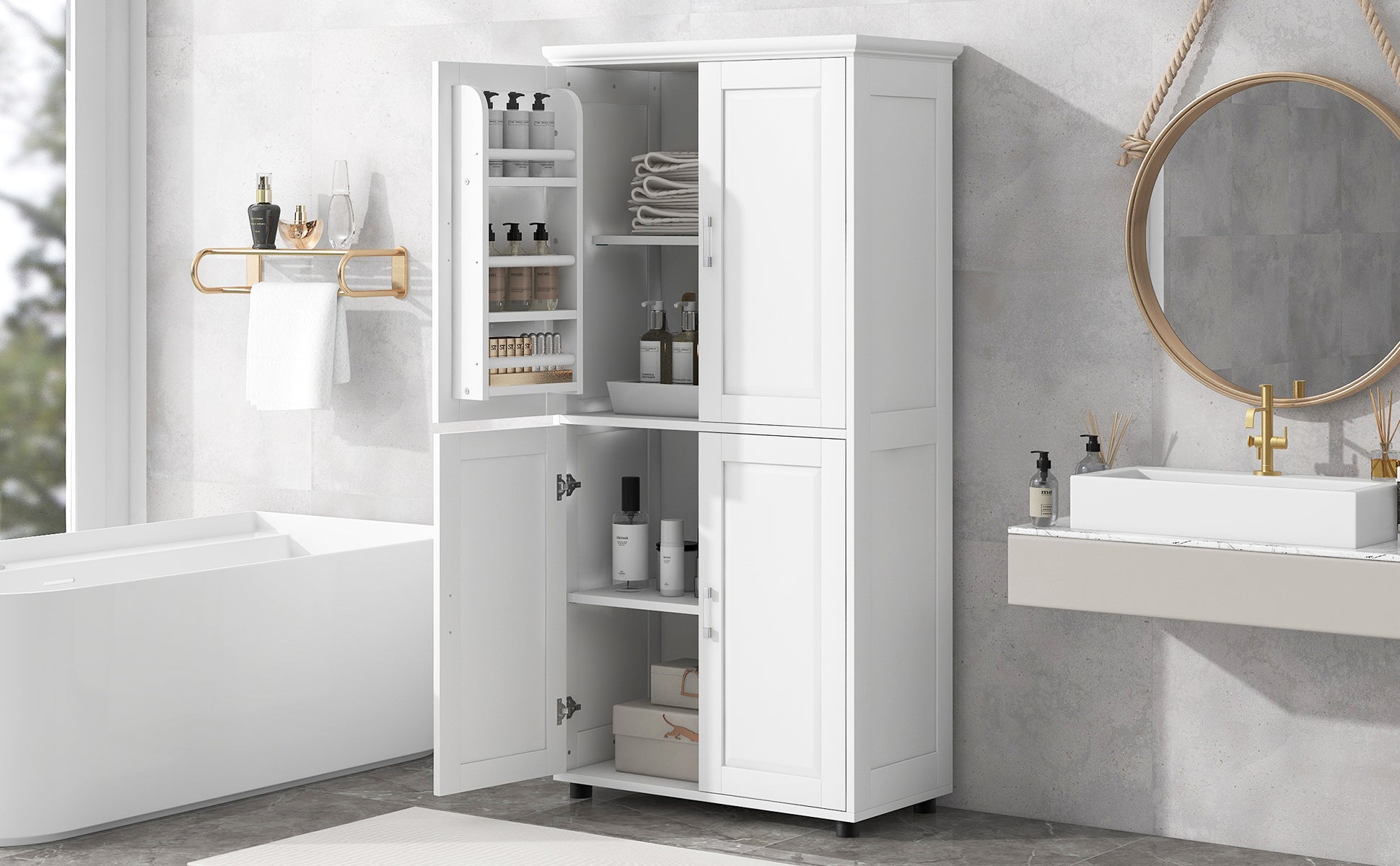 Tall And Wide Bathroom Floor Storage Cabinet, Bathroom Storage Unit, Freestanding Cabinet With 4 Doors, Adjustable Shelves, White White Mdf