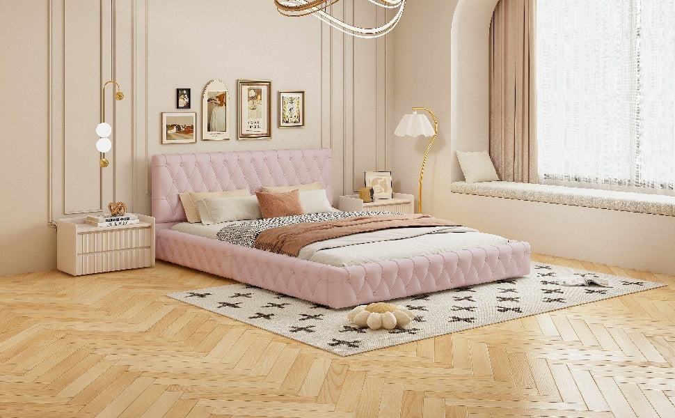 Queen Size Upholstered Bed With Tufted Headboard, Modern Velvet Platform Bedno Box Spring Required, Pink Queen Pink Solid Wood Mdf