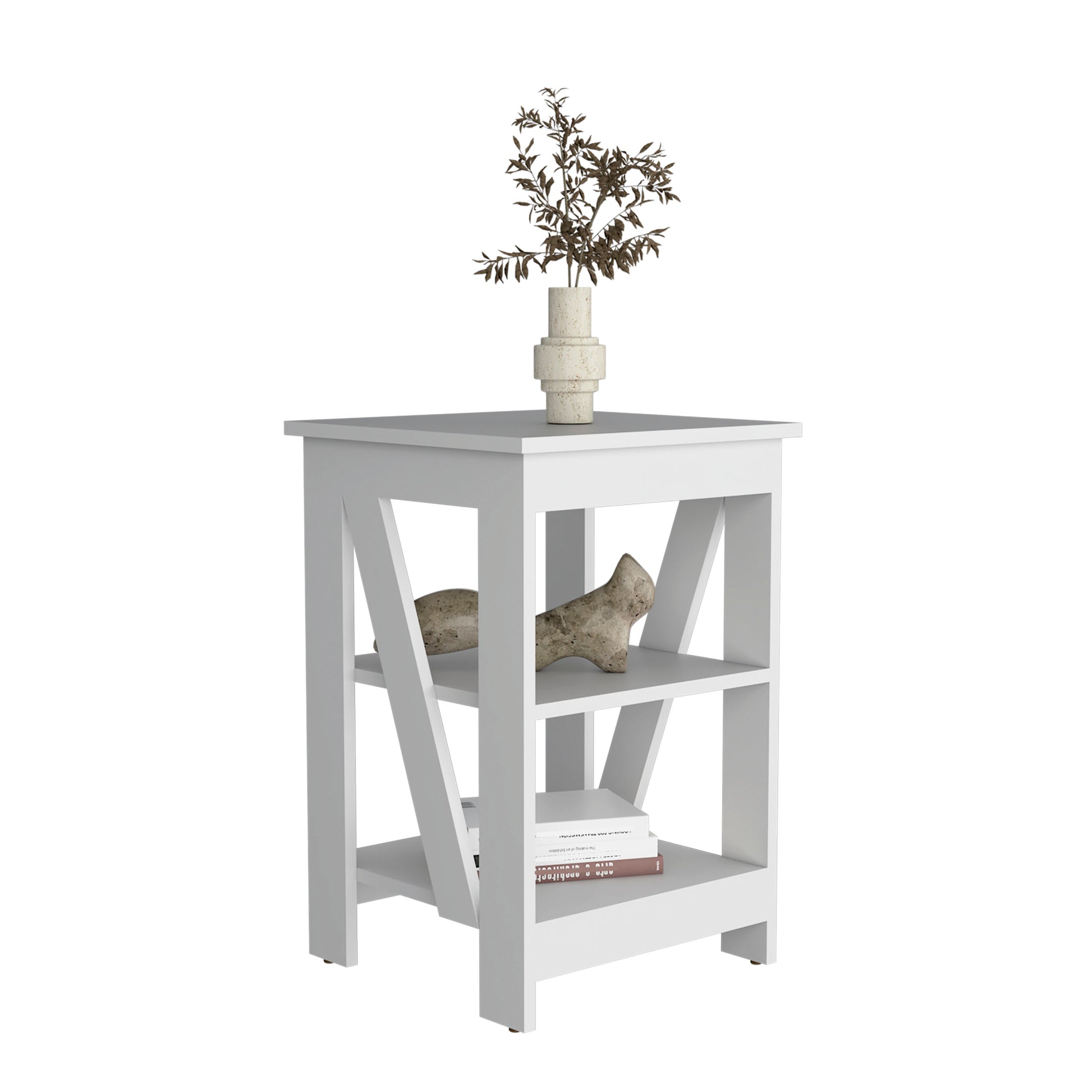 3 Tier End Table Nightstand, Side Table For Small Space, White White Solid Wood Mdf Engineered Wood