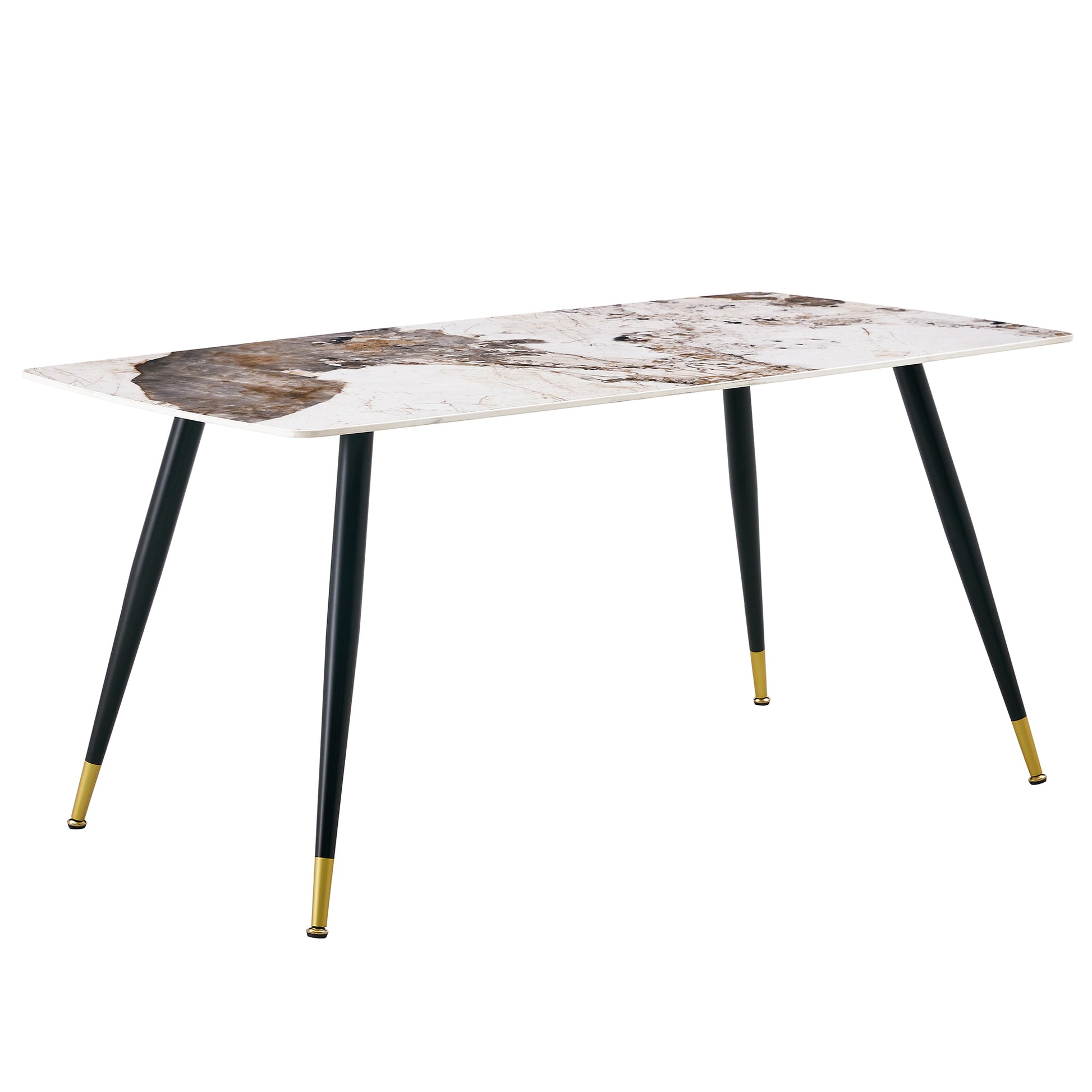 Modern Minimalist Dining Table. Imitation Marble Patterned Stone Burning Tabletop With Black Metal Legs.Modern Dining Chair With Pu Artificial Leather Backrest Cushion And Black Metal Legs.F 001 C 007 Black Gold Sintered Stone