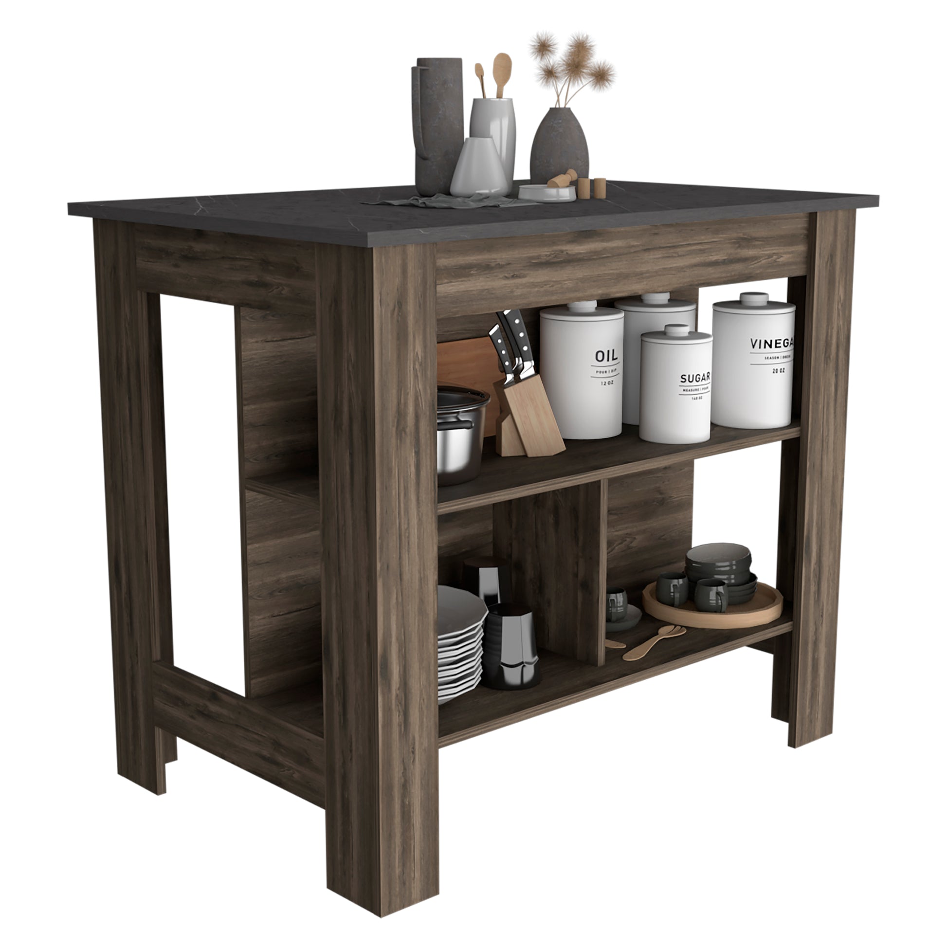 Kitchen Island, Kitchen Table 35" H, Four Legs, Three Open Storage Shelves, Dark Brown Onix Multicolor Particle Board Particle Board