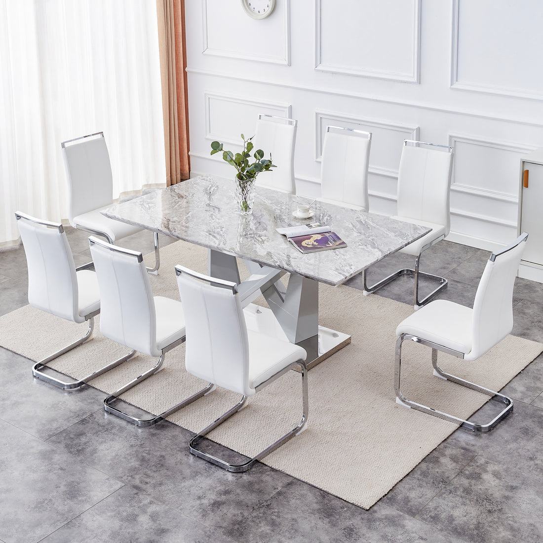 1 Table And 8 Chairs Set.Modern Grey Mdf Faux Marble Dining Table With Double V Shaped Supports.Paired With 8 Modern Pu Artificial Leather Soft Cushion With Silver Metal Legs.F Vv,C 1162 Gray Seats 8 Mdf Metal