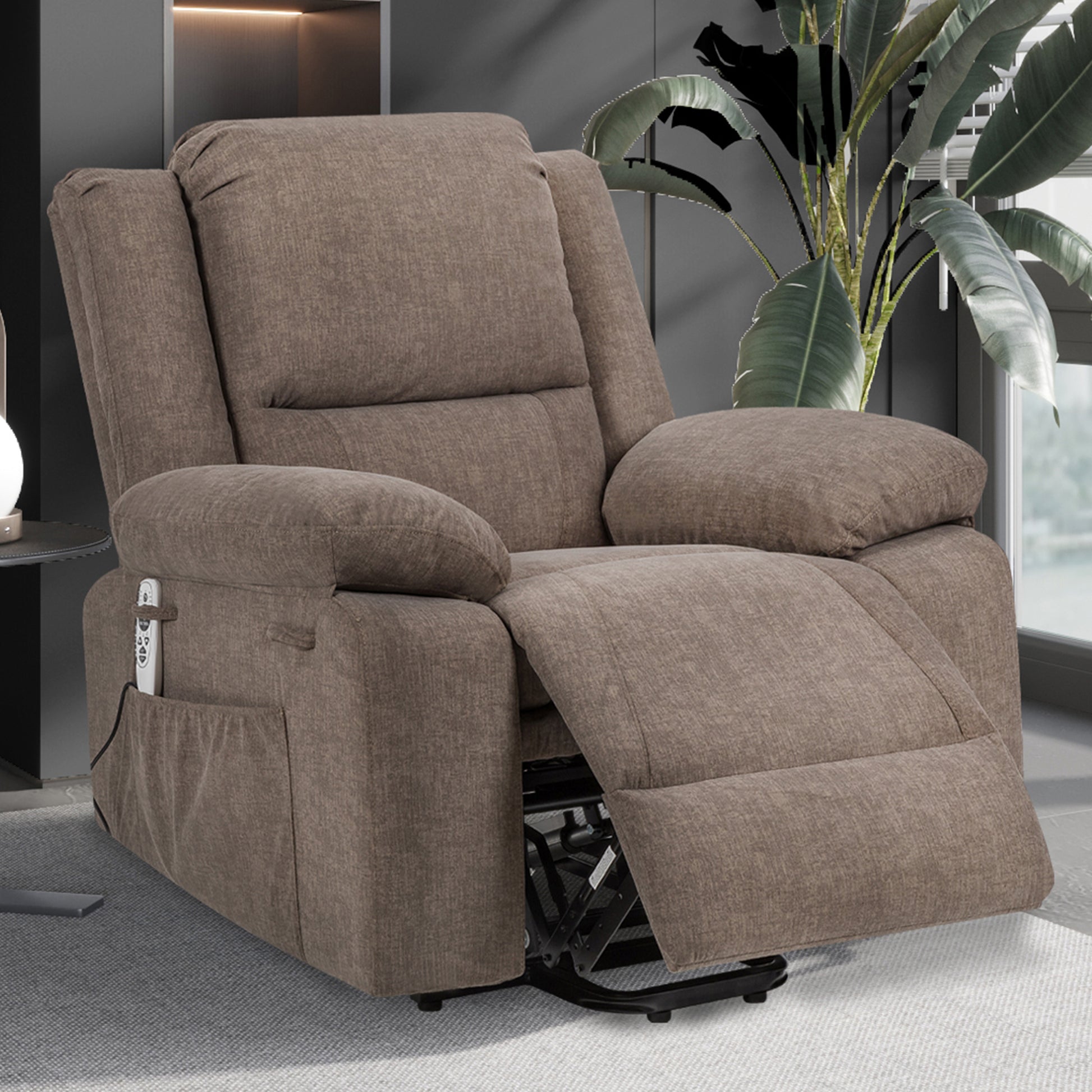 Electric Power Recliner Chair With Massage For Elderly ,Remote Control Multi Function Lifting, Timing, Cushion Heating Chair With Side Pocket Brown Brown Power Remote Metal Primary Living Space American Design Cat Scratch Fabric