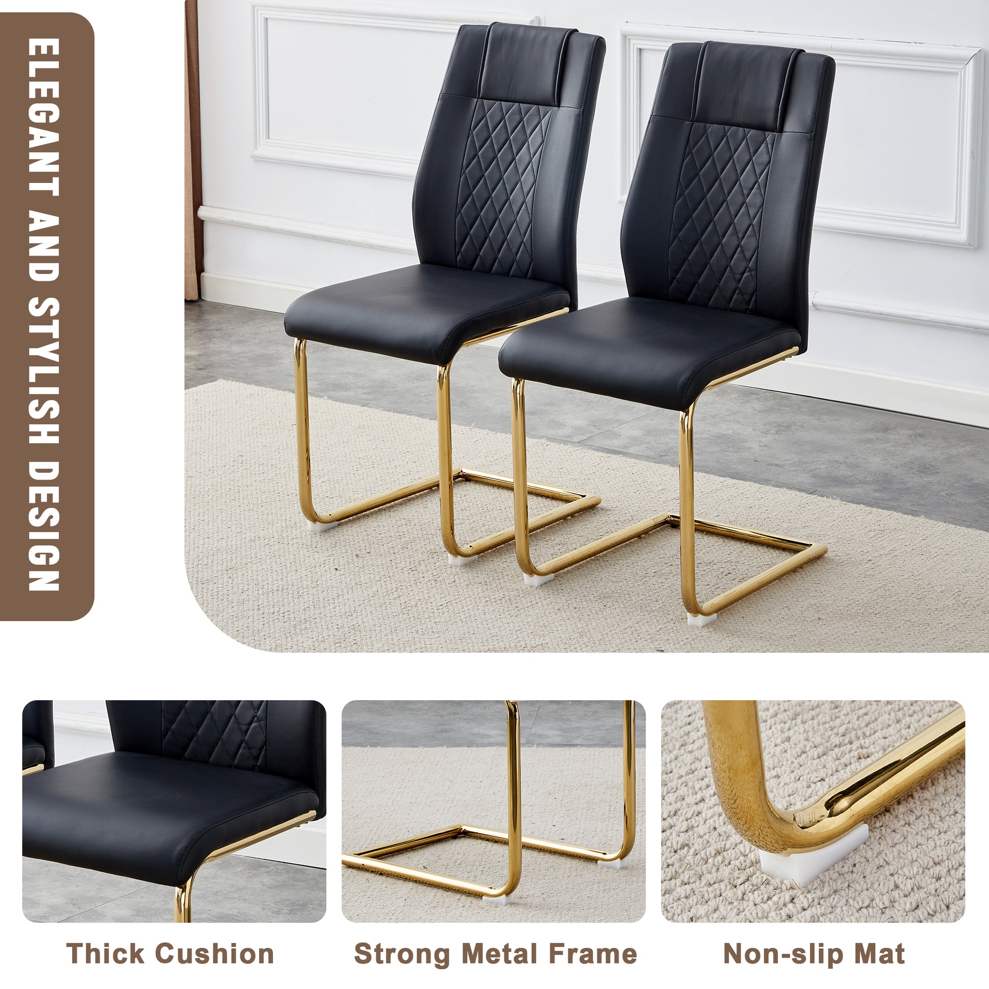 Table And Chair Set.The Table Has A Glass Tabletop With Imitation Marble Pattern Stickers And Stainless Steel Golden Table Legs. Paried With Comfortable Chairs With Pu Seats And Metal Legs. Gold Black Seats 8 Glass Metal