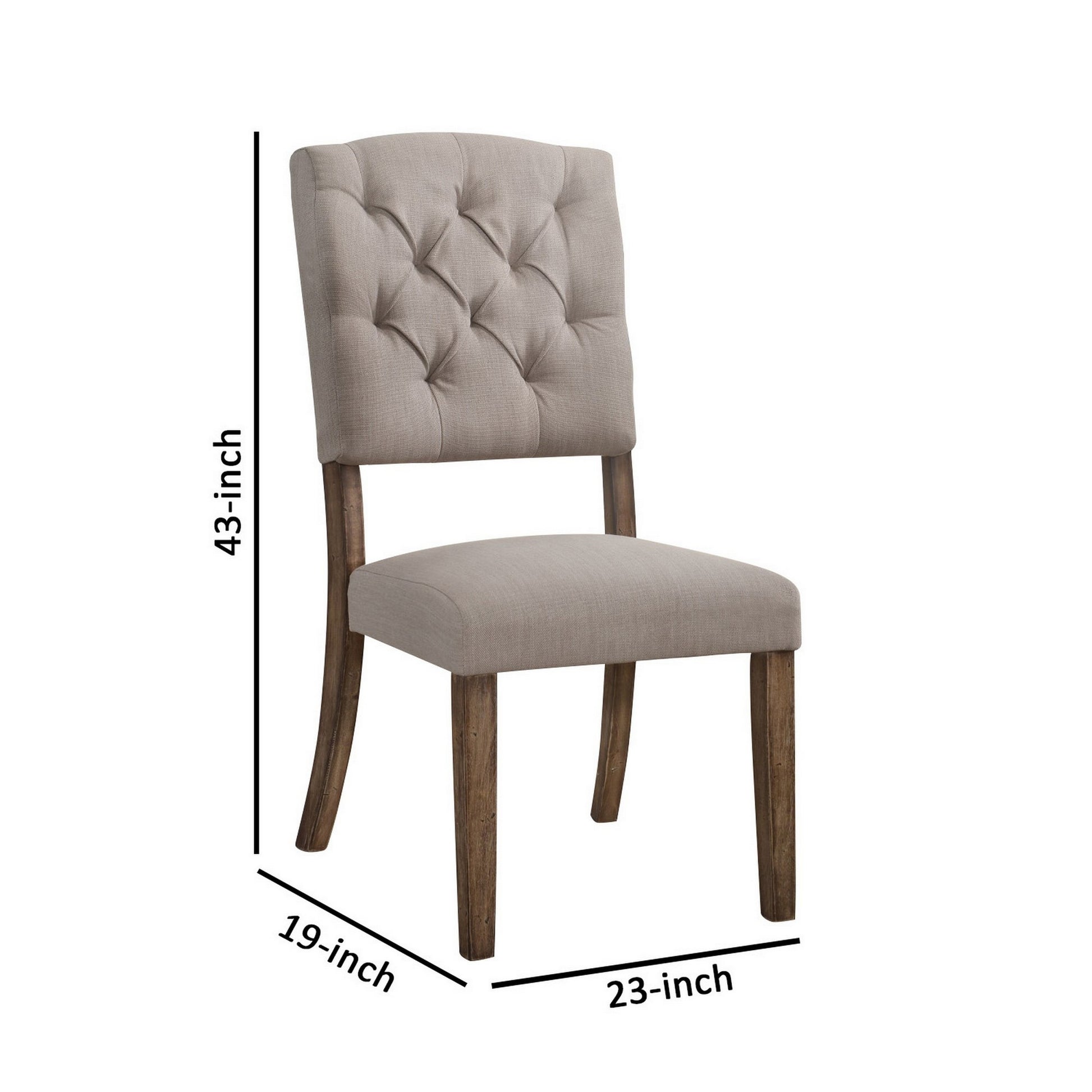 Dining Side Chair With Linen Tufted Back, Set Of 2, Beige Beige Wood