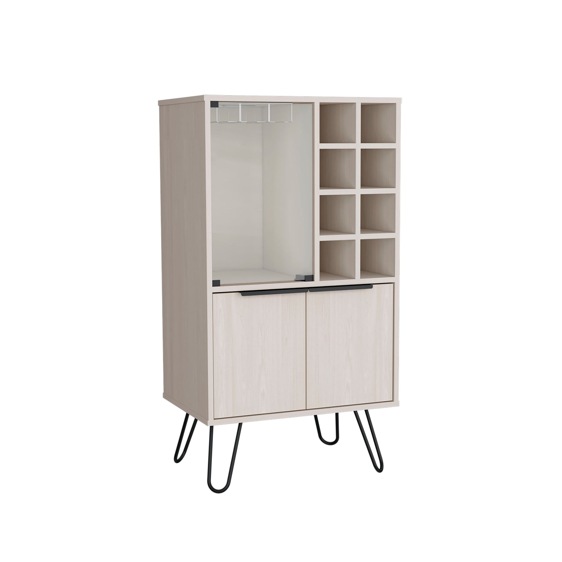 Aster 23" Wide Double Door Bar Cabinet And Glass Door Comparment, Eight Bottle Cubbies And Stemware White Washed Dining Room Modern Shelves Included Particle Board