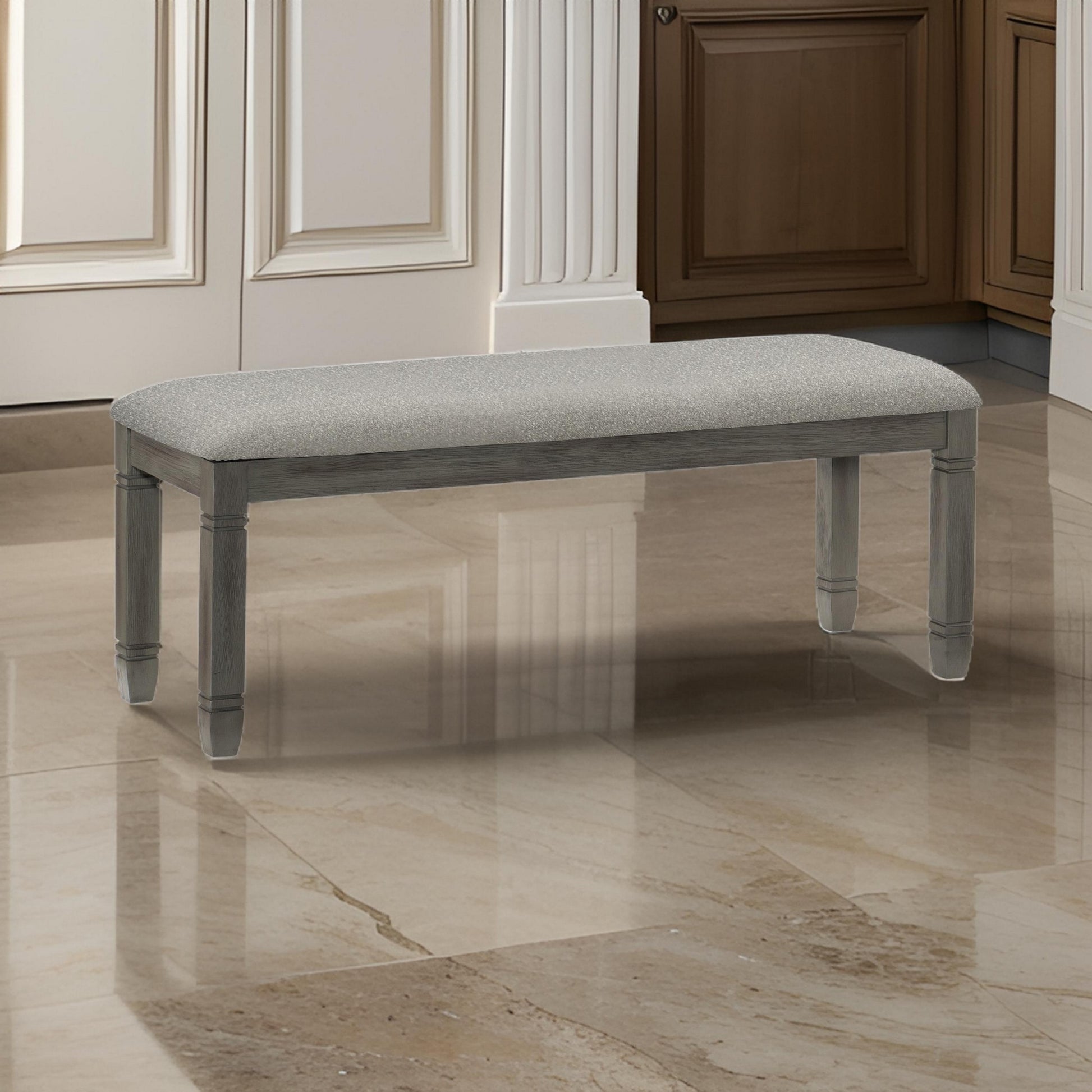 Rome 48 Inch Bench, Gray Textured Fabric, Padded Seat, Antique Gray Wood Gray Wood Fabric