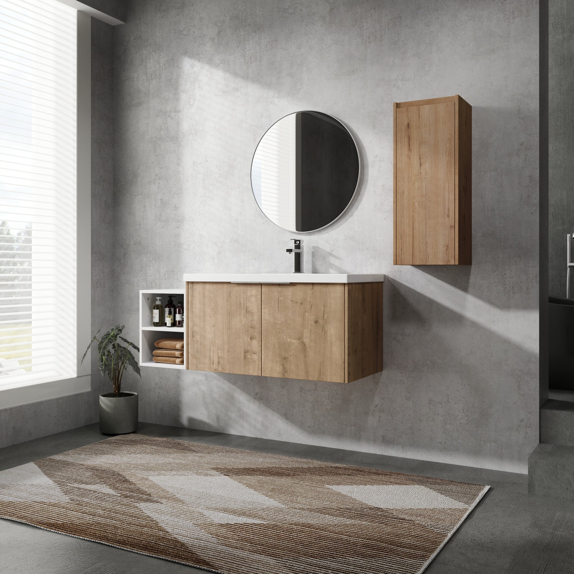 48" Wall Mounted Bathroom Vanity With Sink And Side Cabinet, Soft Close Doors,00112Imo 0636Imo 0612Gwh Combination Cabinet Kd Packing Imitative Oak Bathroom Modern Plywood Plywood