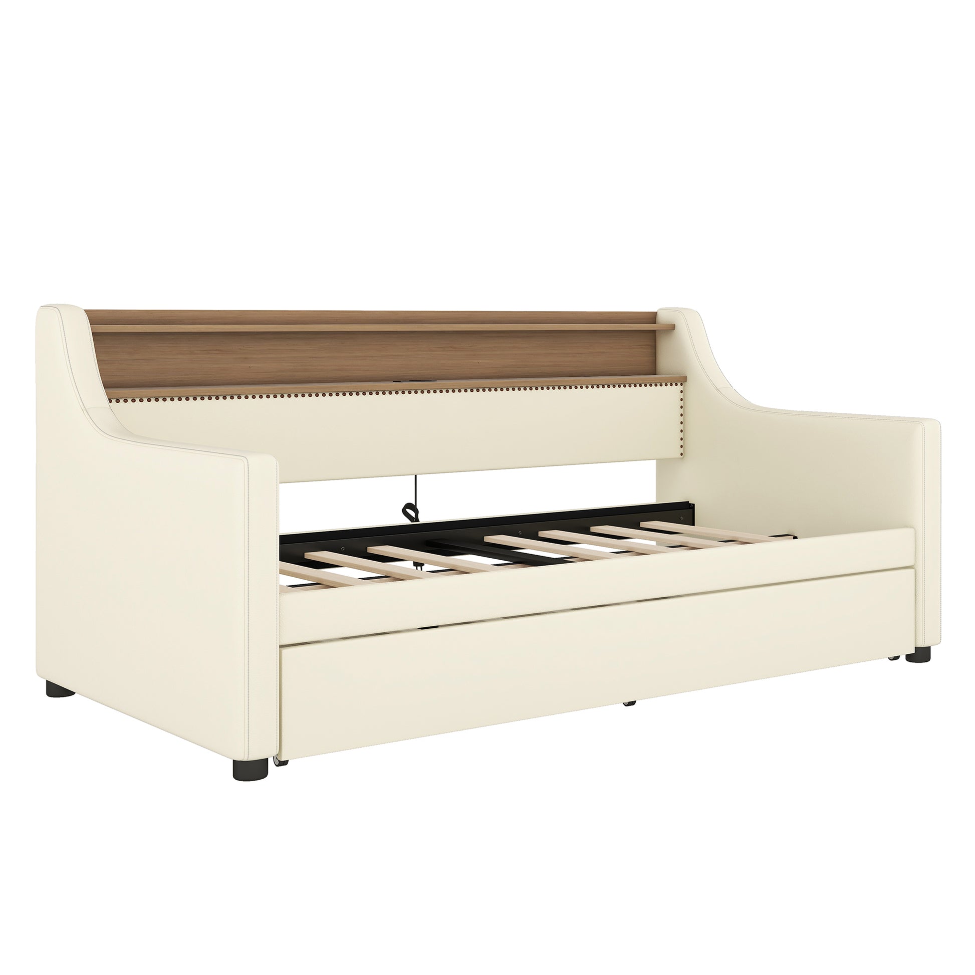 Twin Size Daybed With Trundle, Upholstered Daybed With Charging Station And Led Lights, White Expect Arrive Date:May 20Th. Twin White Pu Leather