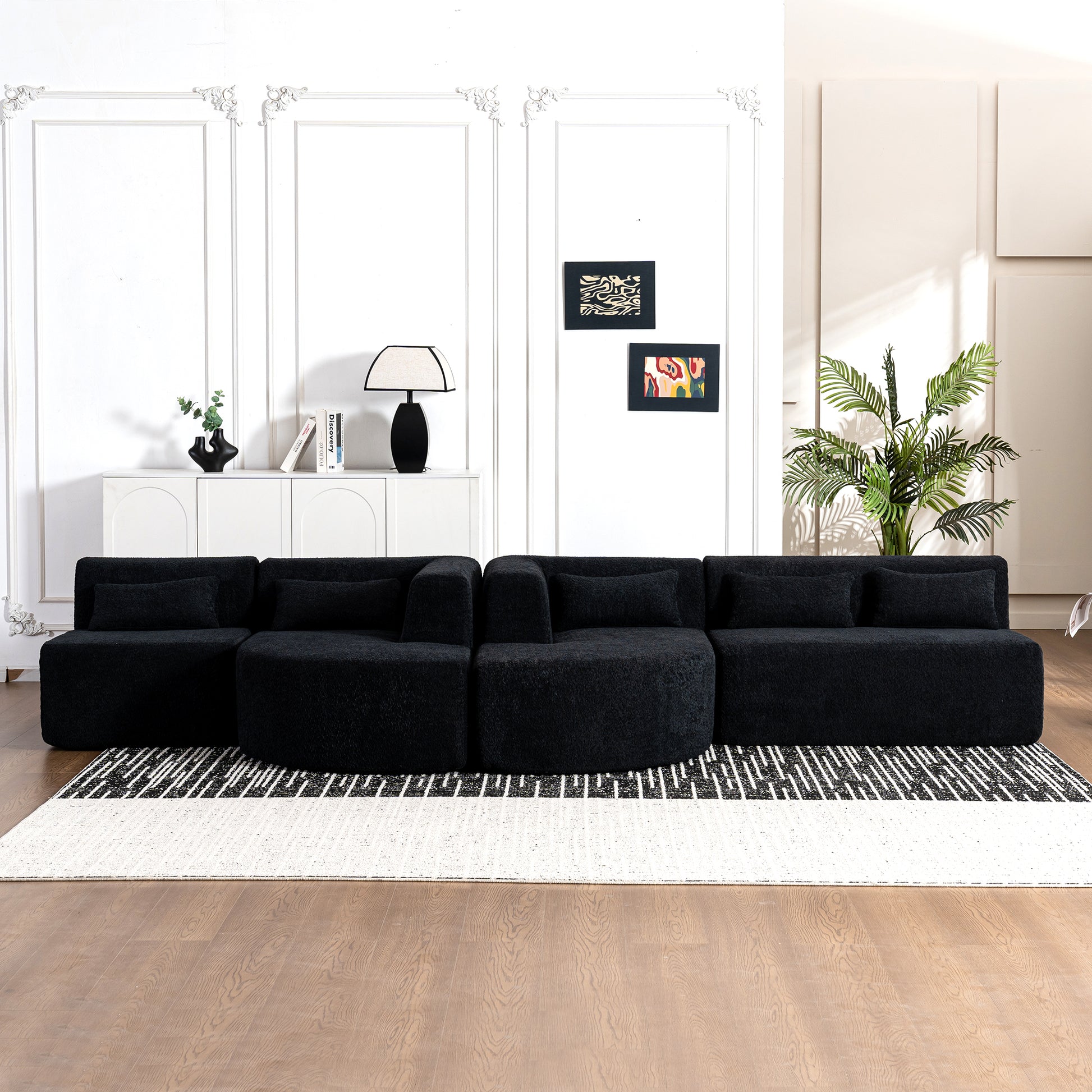 143.7" Upholstered Sofa Free Combined Sofa Couch With Two Chaise Lounge And Five Back Pillows For Living Room, Black Black Foam Polyester 5 Seat