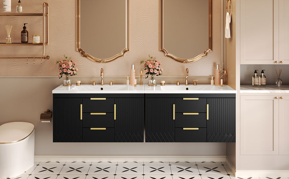 36'' Wall Mounted Bathroom Vanity With Resin Sink, Floating Bathroom Storage Cabinet With 2 Drawers, Solid Wood Bathroom Cabinet Black Bathroom Modern Mdf
