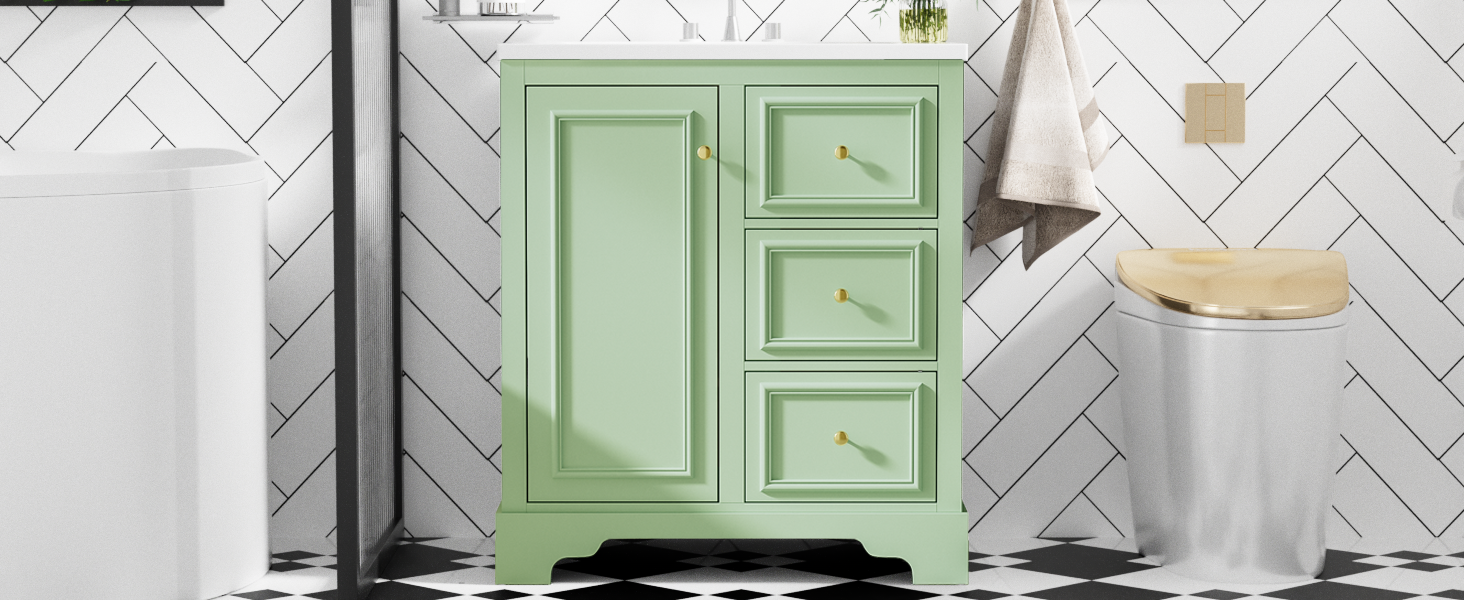 30 Inch Bathroom Vanity Cabinet With Ceramic Basin, 3 Drawers And Adjustable Shelves Green Bathroom Solid Wood Mdf