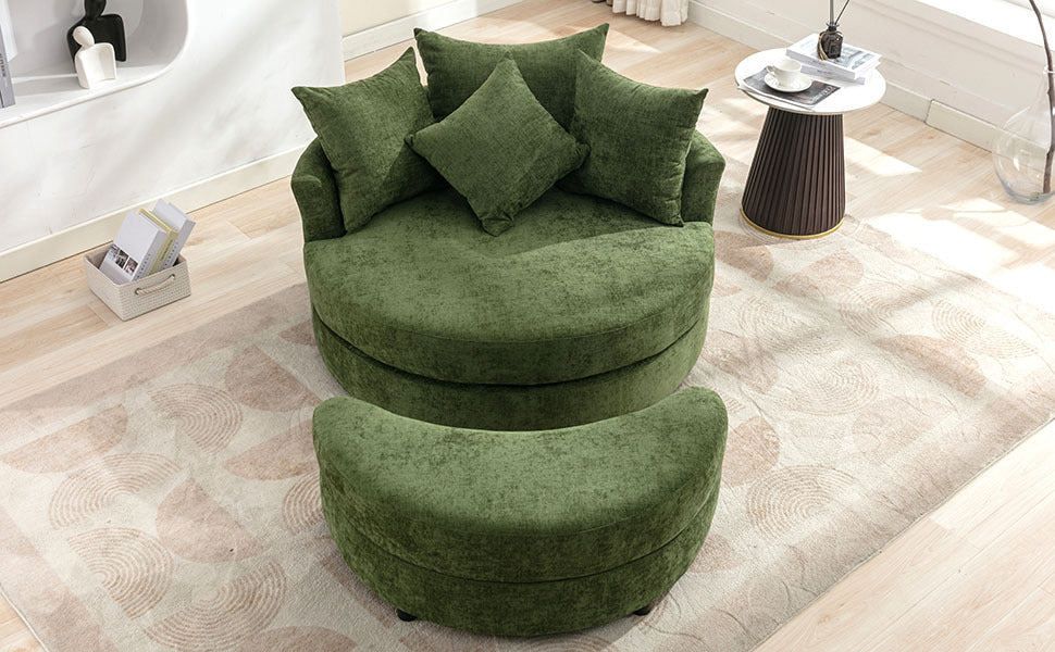 Orisfur. 360 Swivel Accent Barrel Chair With Storage Ottoman & 4 Pillows, Modern Chenille Leisure Chair Round Accent For Living Room, Green Green Foam Chenille